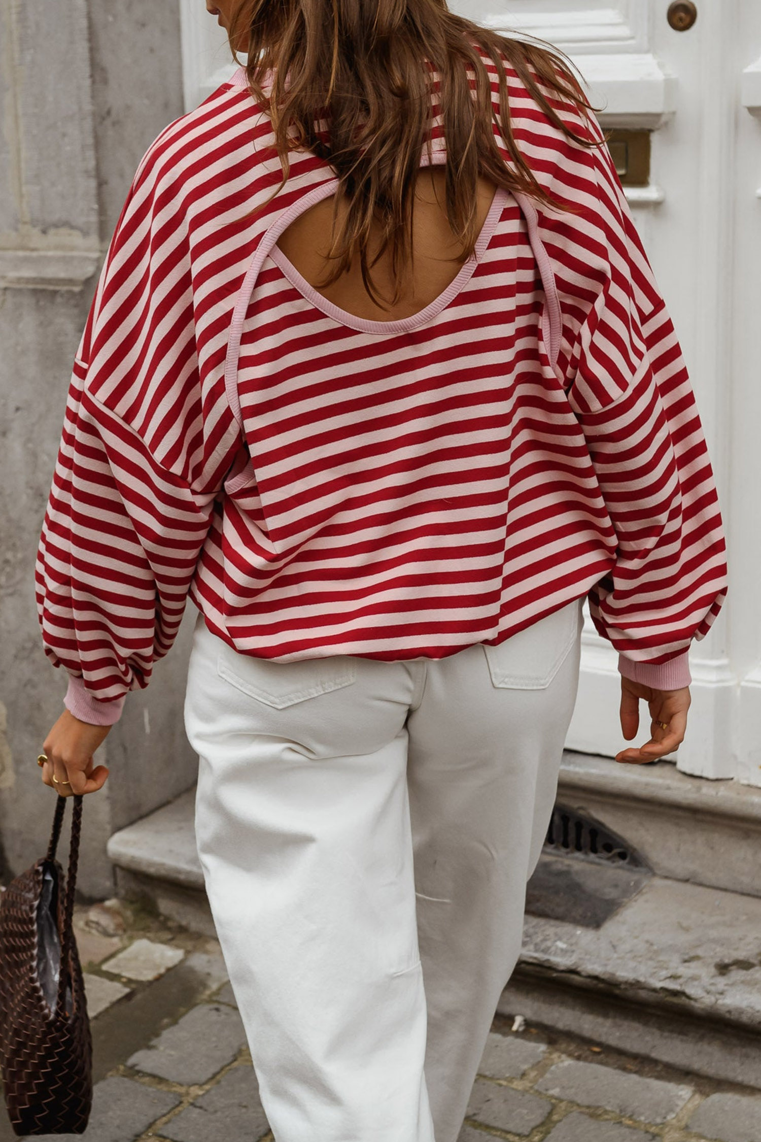Striped Open Back Women's Tee, Cutout Detail Fall Pullover - Detail View 5 Striped Open Back Women's Tee, Cutout Detail Fall Pullover - Detail View 5