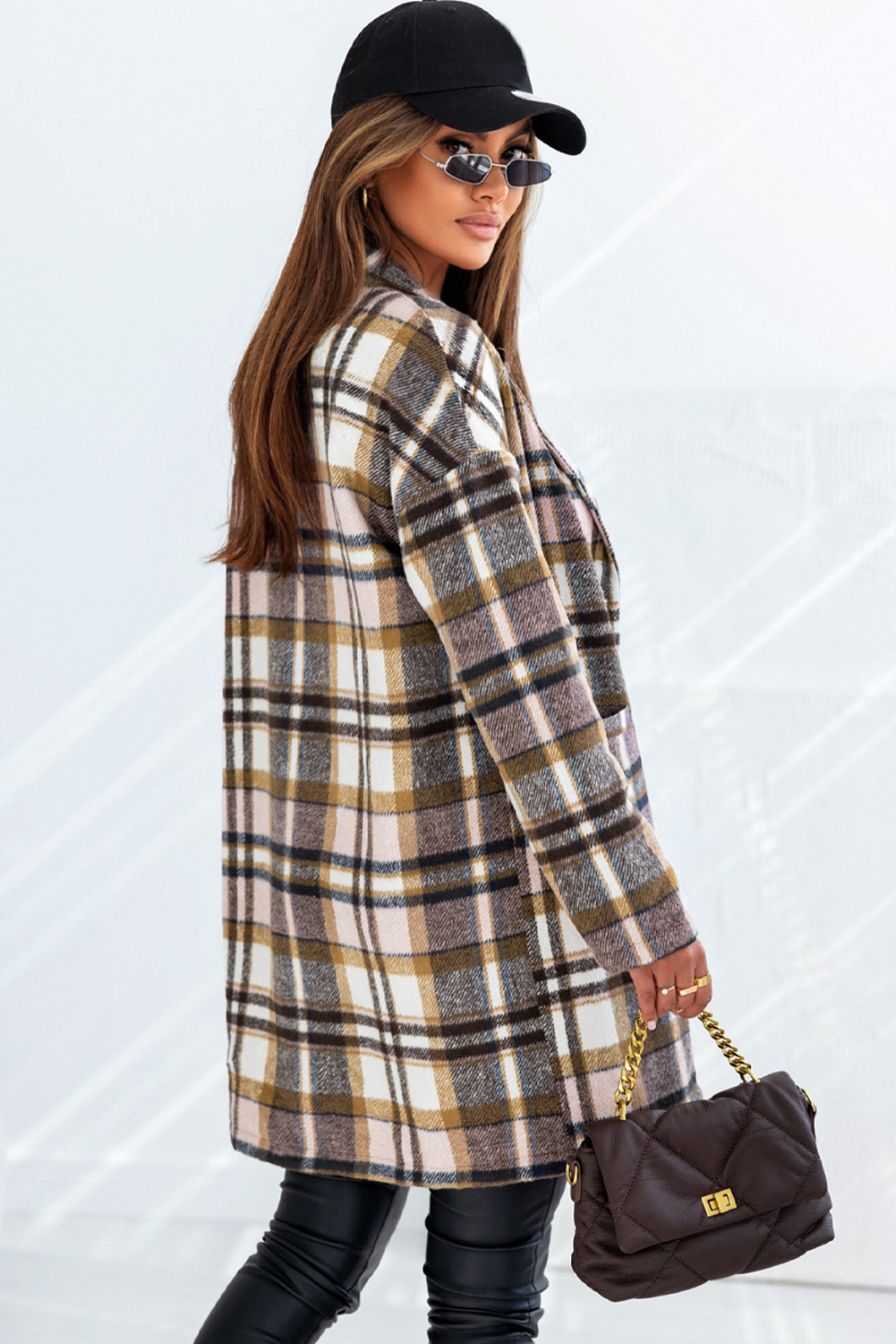 Warm and Fashionable Women's Winter Jacket - Pink Plaid - Detail View 3 Warm and Fashionable Women's Winter Jacket - Pink Plaid - Detail View 3