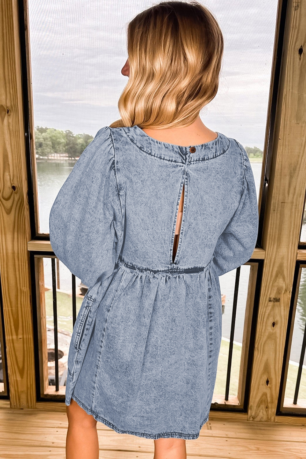 Casual Chic Light Wash Denim Mini Dress with Chic Puff Sleeves - Detail View 2 Casual Chic Light Wash Denim Mini Dress with Chic Puff Sleeves - Detail View 2