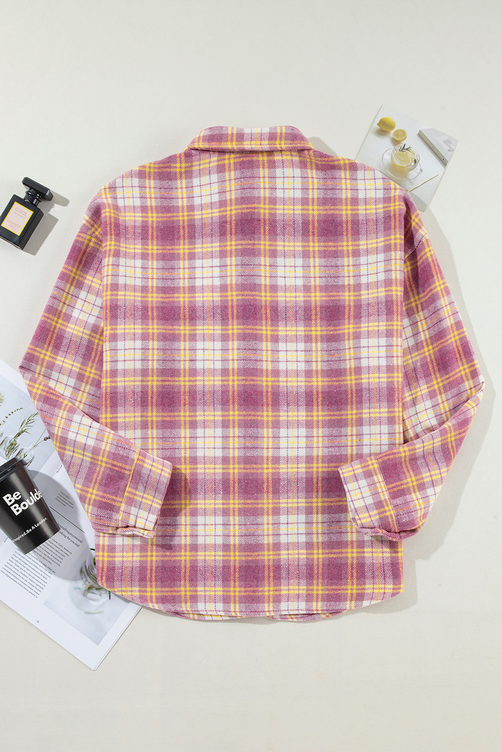 Versatile Women's Casual Shacket - Pink Plaid Print, Long Sleeve - Detail View 8 Versatile Women's Casual Shacket - Pink Plaid Print, Long Sleeve - Detail View 8
