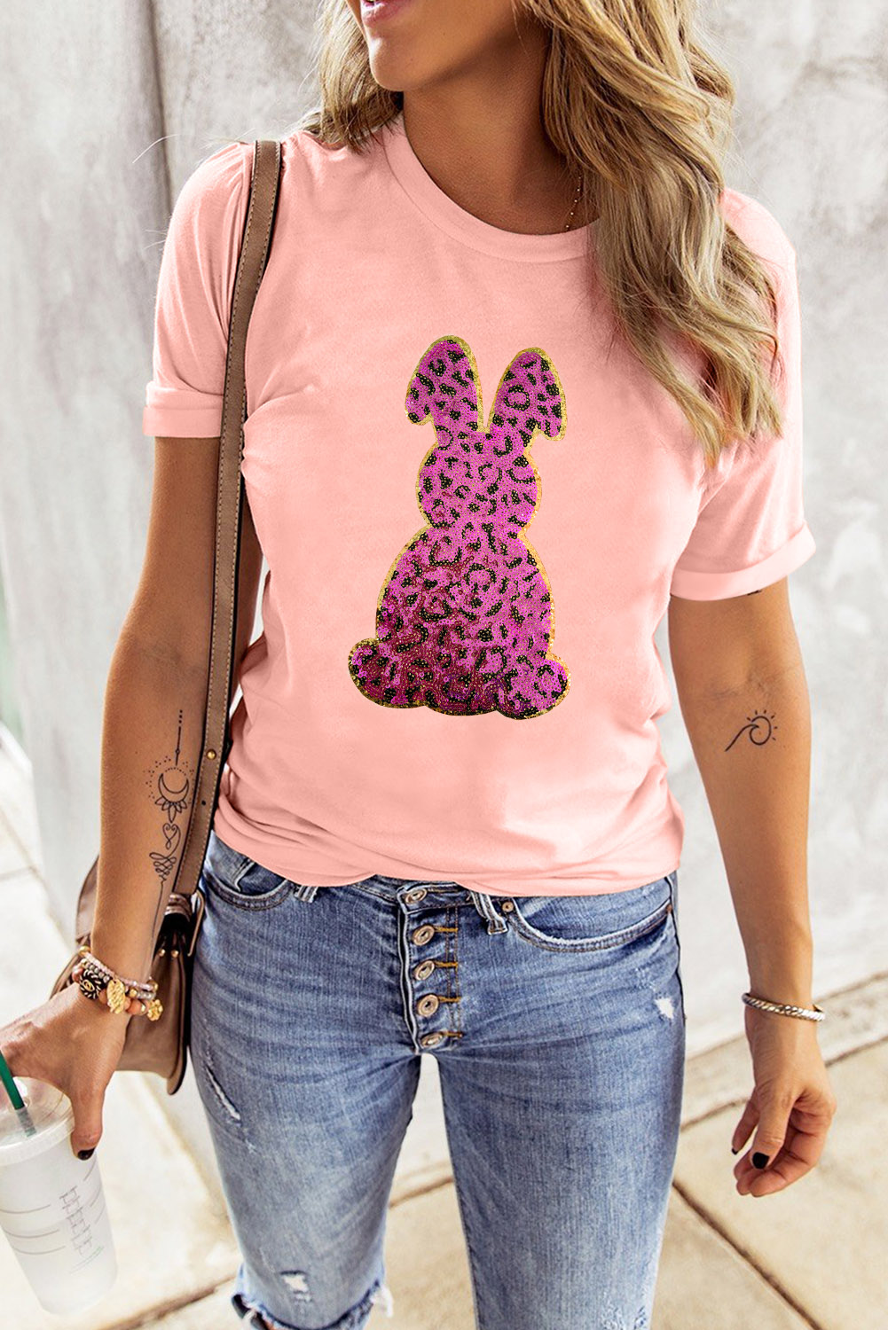 Women's Casual Round Neck Tee, Pink Leopard Bunny Graphic - Detail View 3 Women's Casual Round Neck Tee, Pink Leopard Bunny Graphic - Detail View 3