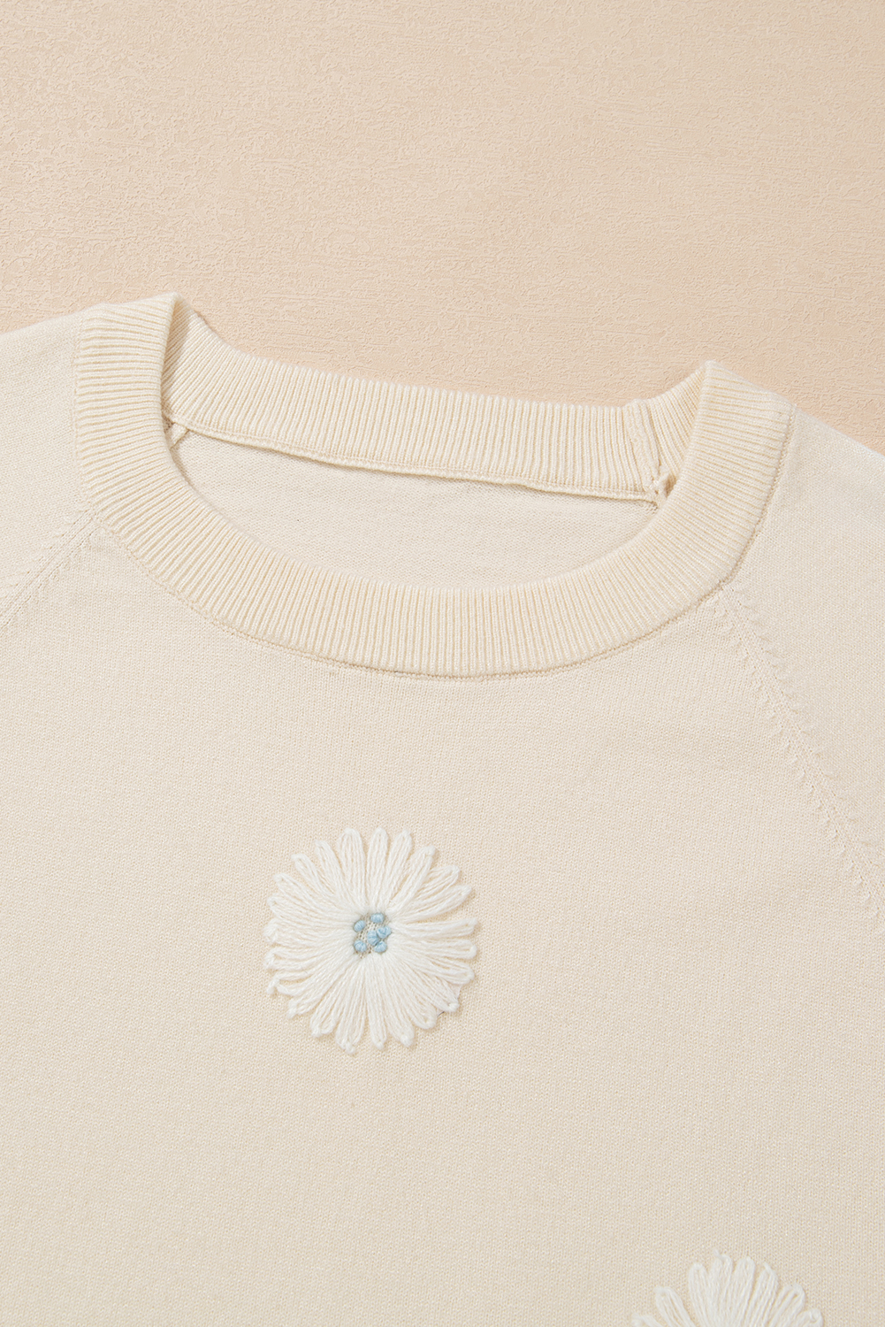 Beige Knit Floral Sweater, Elegant Round Neck Daily Top - Detail View 8 Beige Knit Floral Sweater, Elegant Round Neck Daily Top - Detail View 8