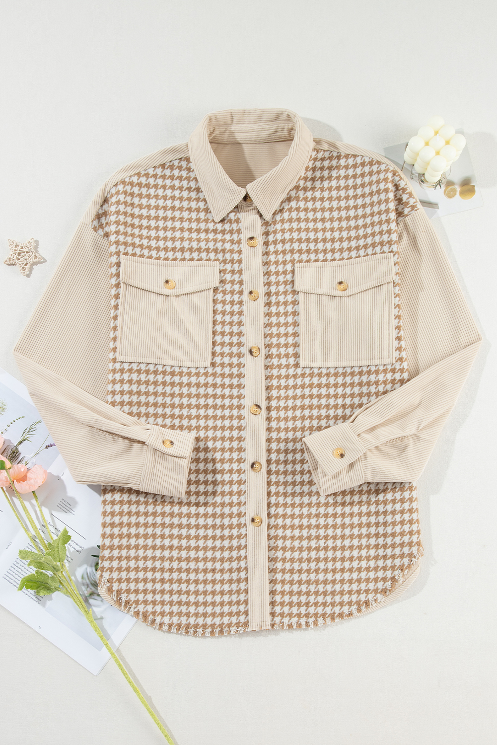 Elevate your outerwear game with this Women's Parchment Houndstooth Corduroy Patchwork Flap Pocket Shacket. This casual shirt jacket offers a polished and versatile style, perfect for daily wear. It features stylish chest pockets for added convenience and detail, adding a touch of functionality to the trendy design. The classic houndstooth pattern gives the shacket a timeless and sophisticated look, making it a must-have addition to your winter wardrobe. Made from premium 100% polyester, it ensures durability and comfort. The patchwork design adds a unique and trendy element to the shacket, striking the perfect balance between chic and casual. Stay stylish and cozy during the winter season with this versatile and fashion-forward outerwear piece. - Detail View 9 Elevate your outerwear game with this Women's Parchment Houndstooth Corduroy Patchwork Flap Pocket Shacket. This casual shirt jacket offers a polished and versatile style, perfect for daily wear. It features stylish chest pockets for added convenience and detail, adding a touch of functionality to the trendy design. The classic houndstooth pattern gives the shacket a timeless and sophisticated look, making it a must-have addition to your winter wardrobe. Made from premium 100% polyester, it ensures durability and comfort. The patchwork design adds a unique and trendy element to the shacket, striking the perfect balance between chic and casual. Stay stylish and cozy during the winter season with this versatile and fashion-forward outerwear piece. - Detail View 9