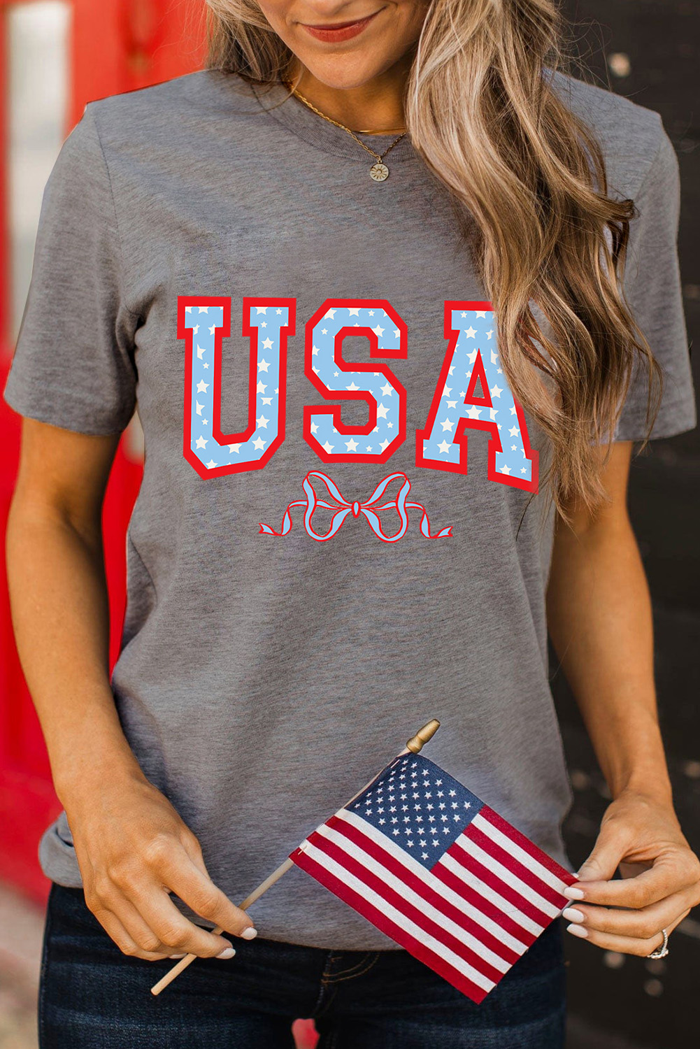 Comfortable and Stylish Crew Neck T-Shirt - Gray USA Star Print with Bow Knot - Detail View 3 Comfortable and Stylish Crew Neck T-Shirt - Gray USA Star Print with Bow Knot - Detail View 3