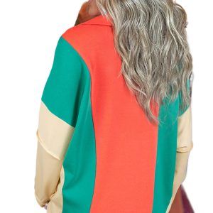 Women's Grapefruit Orange Color Block Patchwork Long Sleeve V Neck Top - Main View