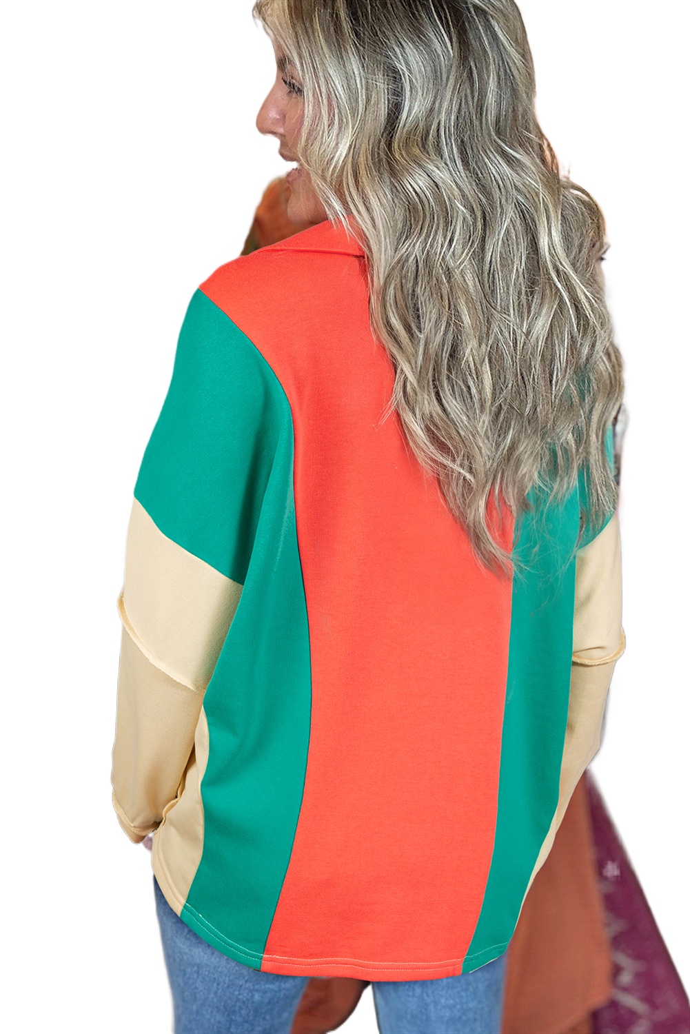 Women's Grapefruit Orange Color Block Patchwork Long Sleeve V Neck Top - Main View Women's Grapefruit Orange Color Block Patchwork Long Sleeve V Neck Top - Main View