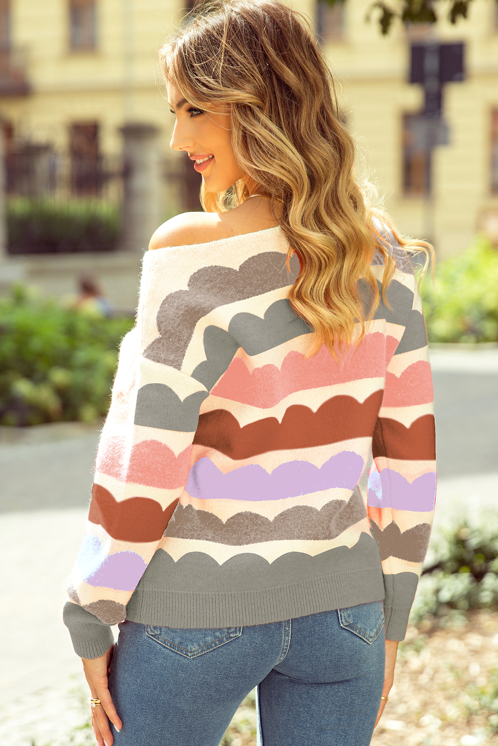 Trendy Women's Gray Striped Sweater with Balloon Sleeves and Relaxed Fit - Detail View 2 Trendy Women's Gray Striped Sweater with Balloon Sleeves and Relaxed Fit - Detail View 2