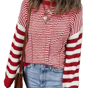 Women's Red Stripe Geometric Textured Drop Shoulder Sweater - Main View