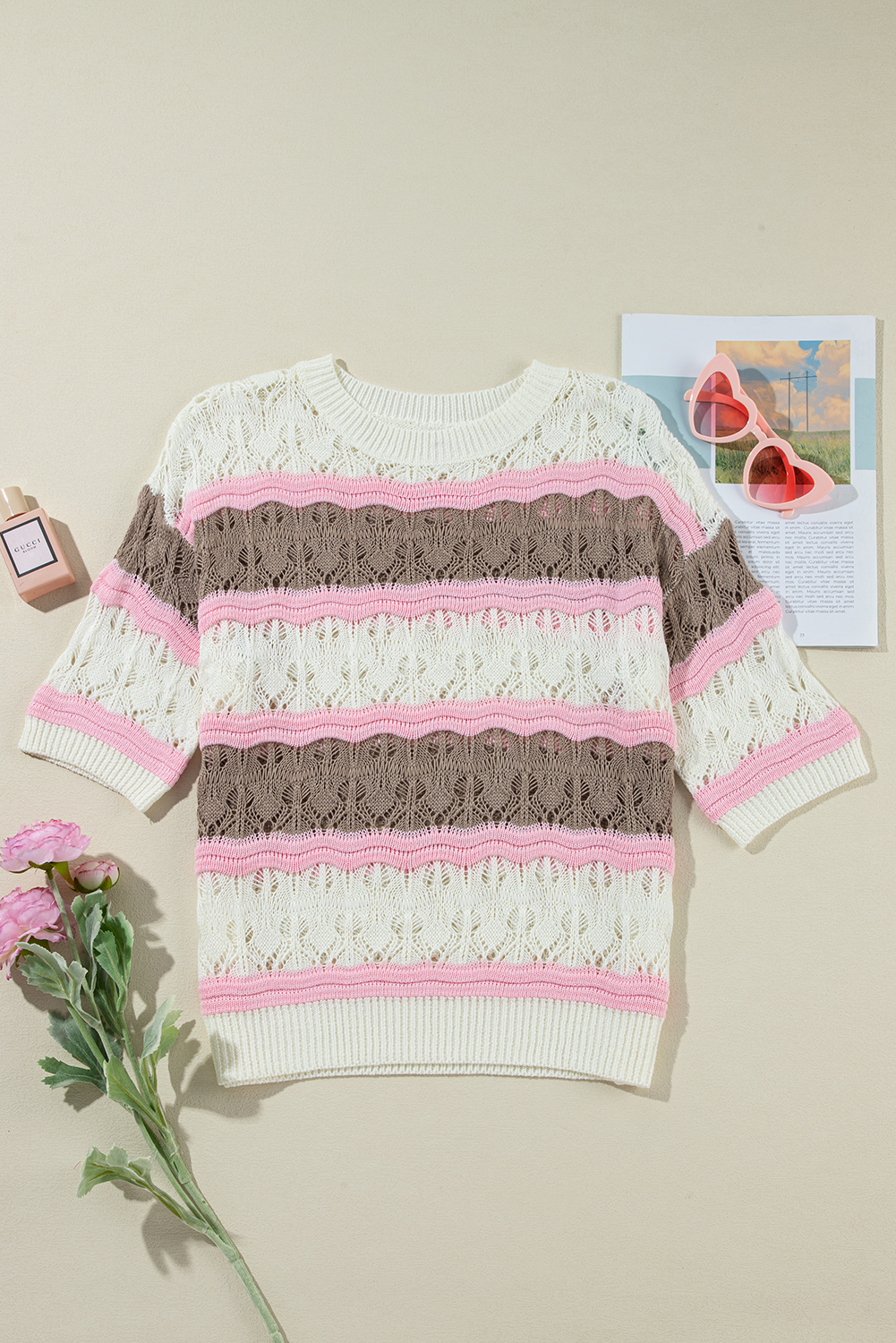 Women's Elegant Brown Stripe Color Block Half Sleeve Crochet Sweater - Detail View 6 Women's Elegant Brown Stripe Color Block Half Sleeve Crochet Sweater - Detail View 6