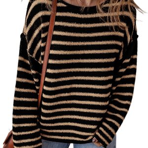 Women's Black Stripe Drop Shoulder Round Neck Loose Sweater - Trendy Casual Knit - Main View