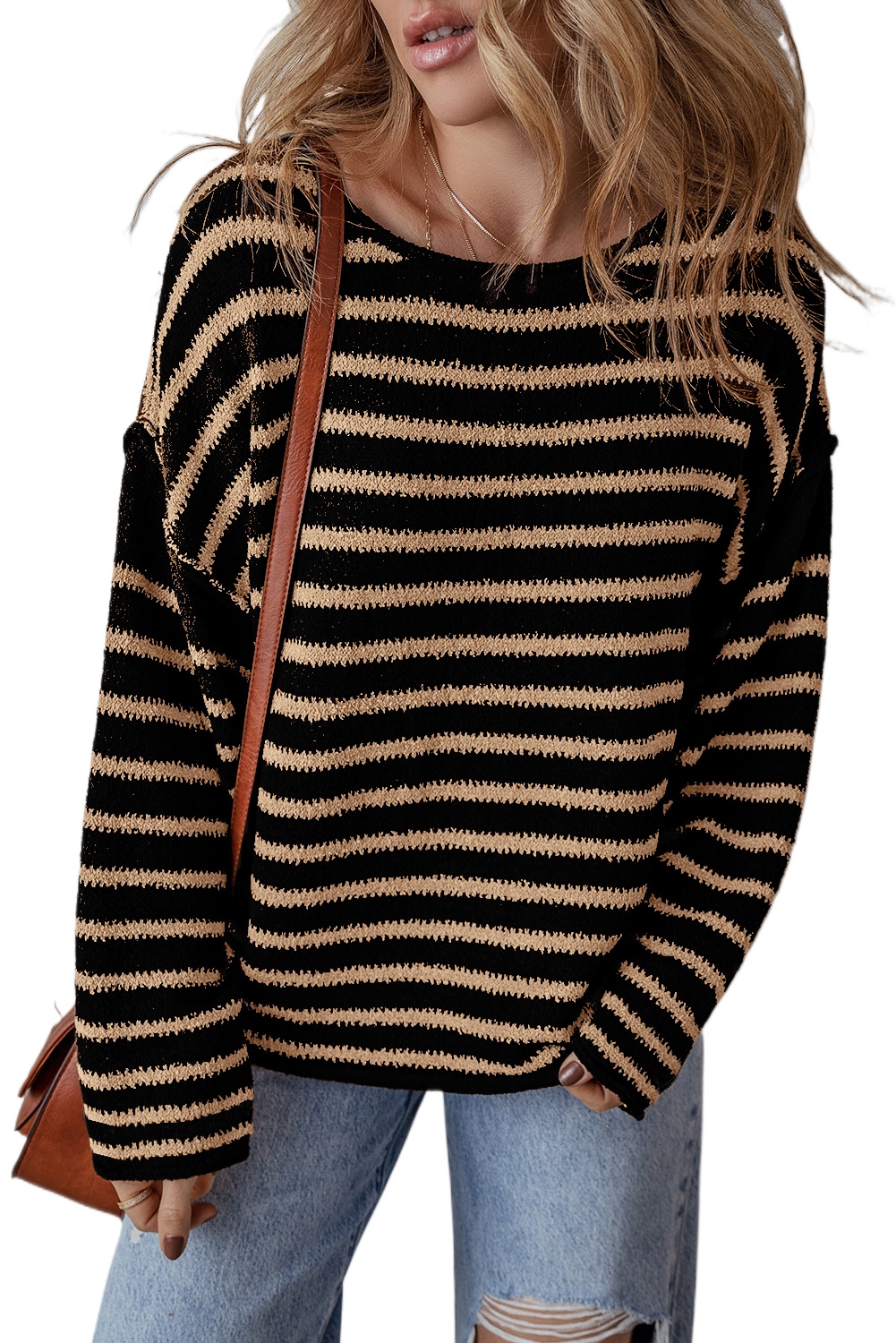 Women's Black Stripe Drop Shoulder Round Neck Loose Sweater - Trendy Casual Knit - Main View Women's Black Stripe Drop Shoulder Round Neck Loose Sweater - Trendy Casual Knit - Main View