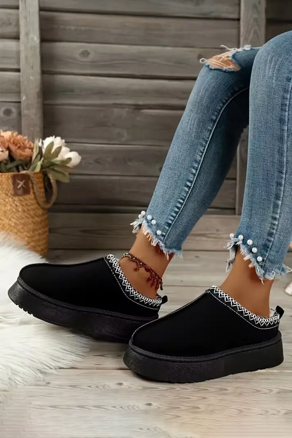 Women's Snow Boots, Black Boots, Contrast Print, Suede, Plush Lined, Slip-On Style, Round Toe, Winter Footwear, Thermal Lining, Casual Style, Daily Wear, Aztec Print, Comfortable, Fashionable, Boots - Detail View 4 Women's Snow Boots, Black Boots, Contrast Print, Suede, Plush Lined, Slip-On Style, Round Toe, Winter Footwear, Thermal Lining, Casual Style, Daily Wear, Aztec Print, Comfortable, Fashionable, Boots - Detail View 4