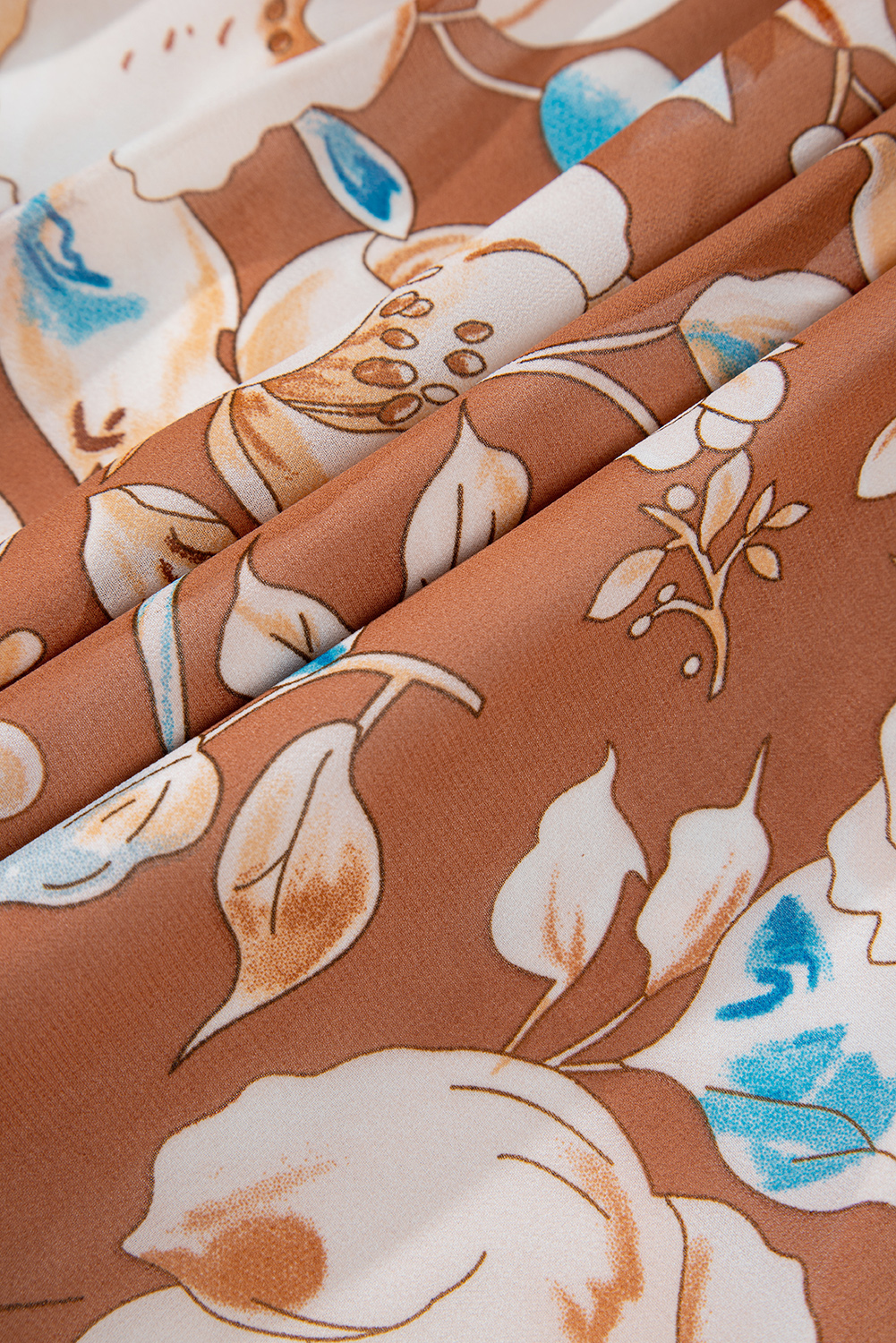Women's Brown Floral Print Shirred Square Neck High Waist Maxi Dress - Detail View 13 Women's Brown Floral Print Shirred Square Neck High Waist Maxi Dress - Detail View 13
