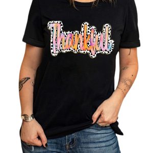 Women's Black Thankful Cow Print Crew Neck Graphic T-Shirt - Main View