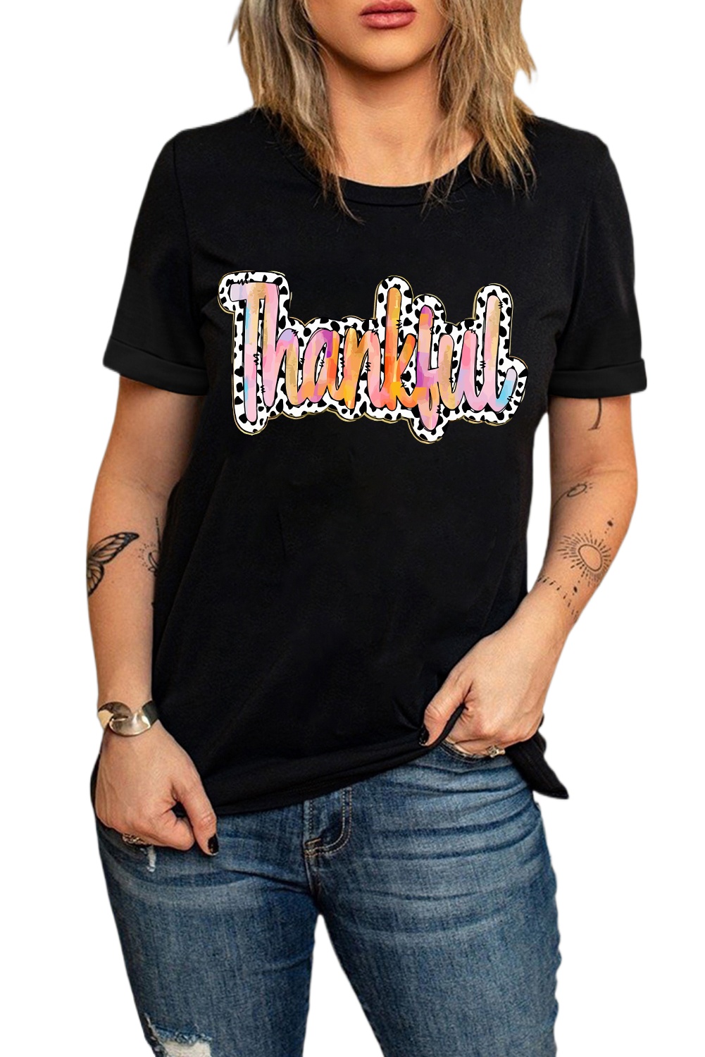 Women's Black Thankful Cow Print Crew Neck Graphic T-Shirt - Main View Women's Black Thankful Cow Print Crew Neck Graphic T-Shirt - Main View
