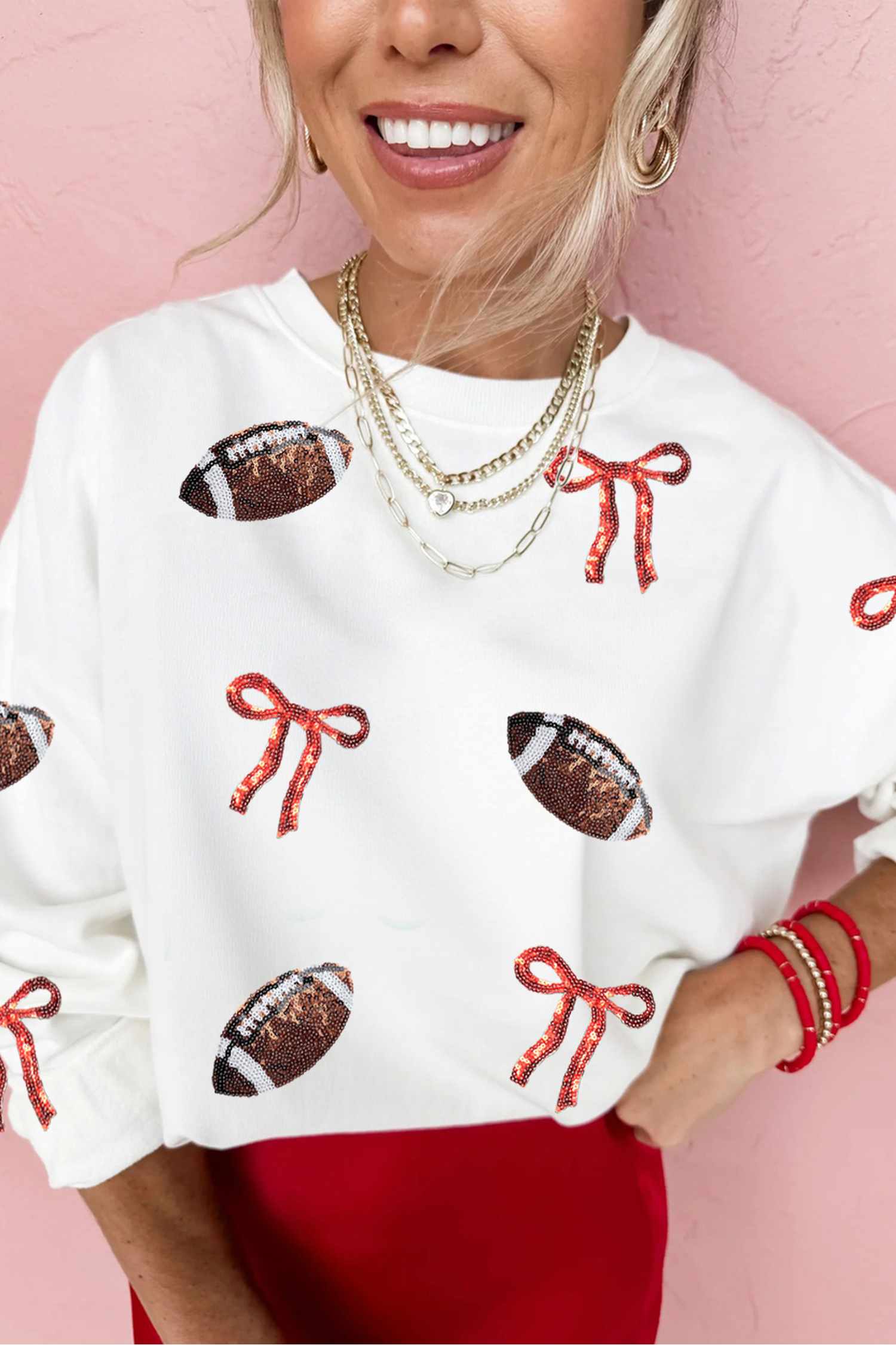 Casual Sequin Bow Pullover, Women's Autumn Rugby Graphic - Detail View 6 Casual Sequin Bow Pullover, Women's Autumn Rugby Graphic - Detail View 6