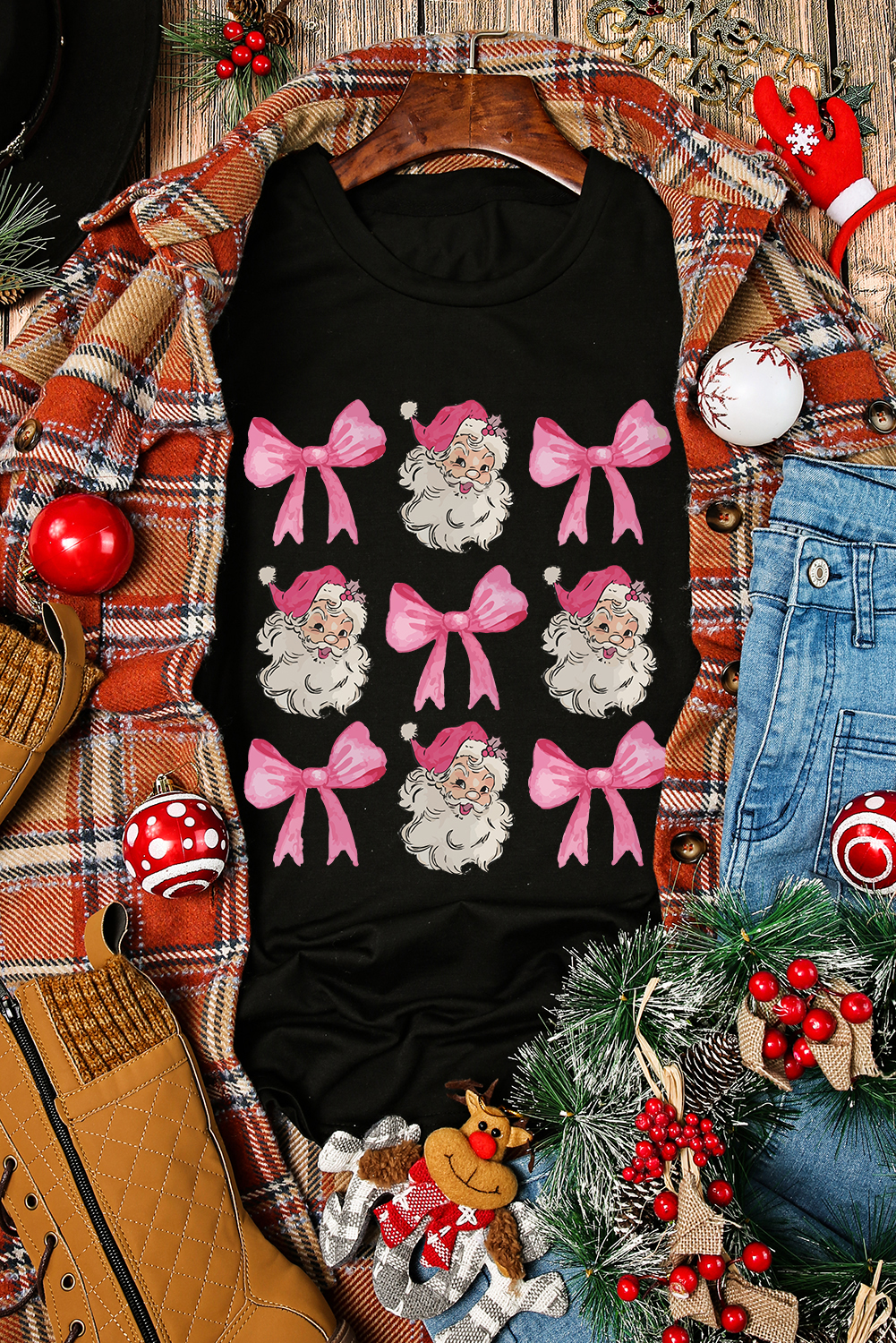 Unwrap the Fun: Black Christmas Tee with Santa Bow Knot Graphic - Detail View 3 Unwrap the Fun: Black Christmas Tee with Santa Bow Knot Graphic - Detail View 3