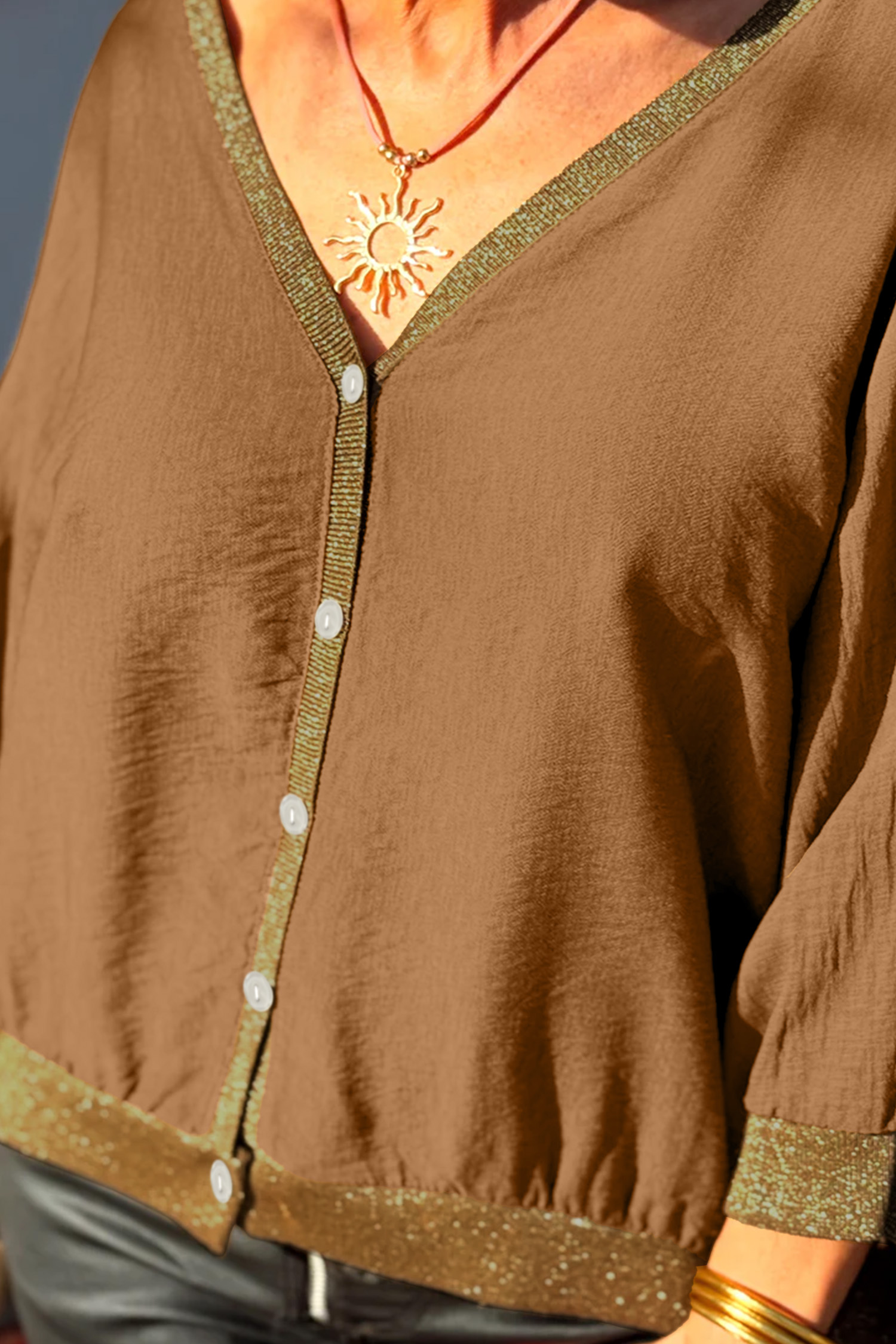 Honey Brown Button Front Top, Women's Chic Office Glitter Fit - Detail View 3 Honey Brown Button Front Top, Women's Chic Office Glitter Fit - Detail View 3