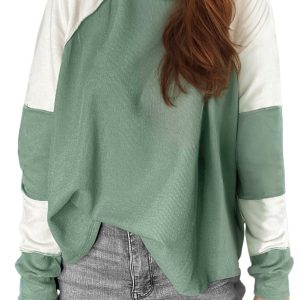 Women's Mint Green Ribbed Colorblock Patchwork Raglan Long Sleeve Top - Main View