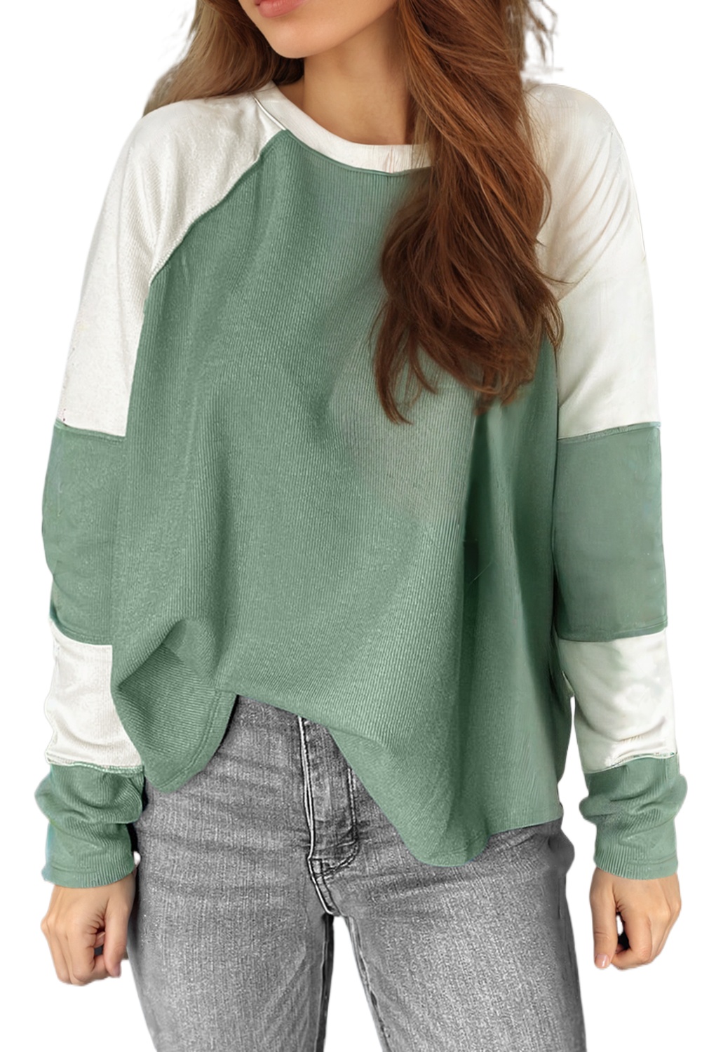 Women's Mint Green Ribbed Colorblock Patchwork Raglan Long Sleeve Top - Main View Women's Mint Green Ribbed Colorblock Patchwork Raglan Long Sleeve Top - Main View
