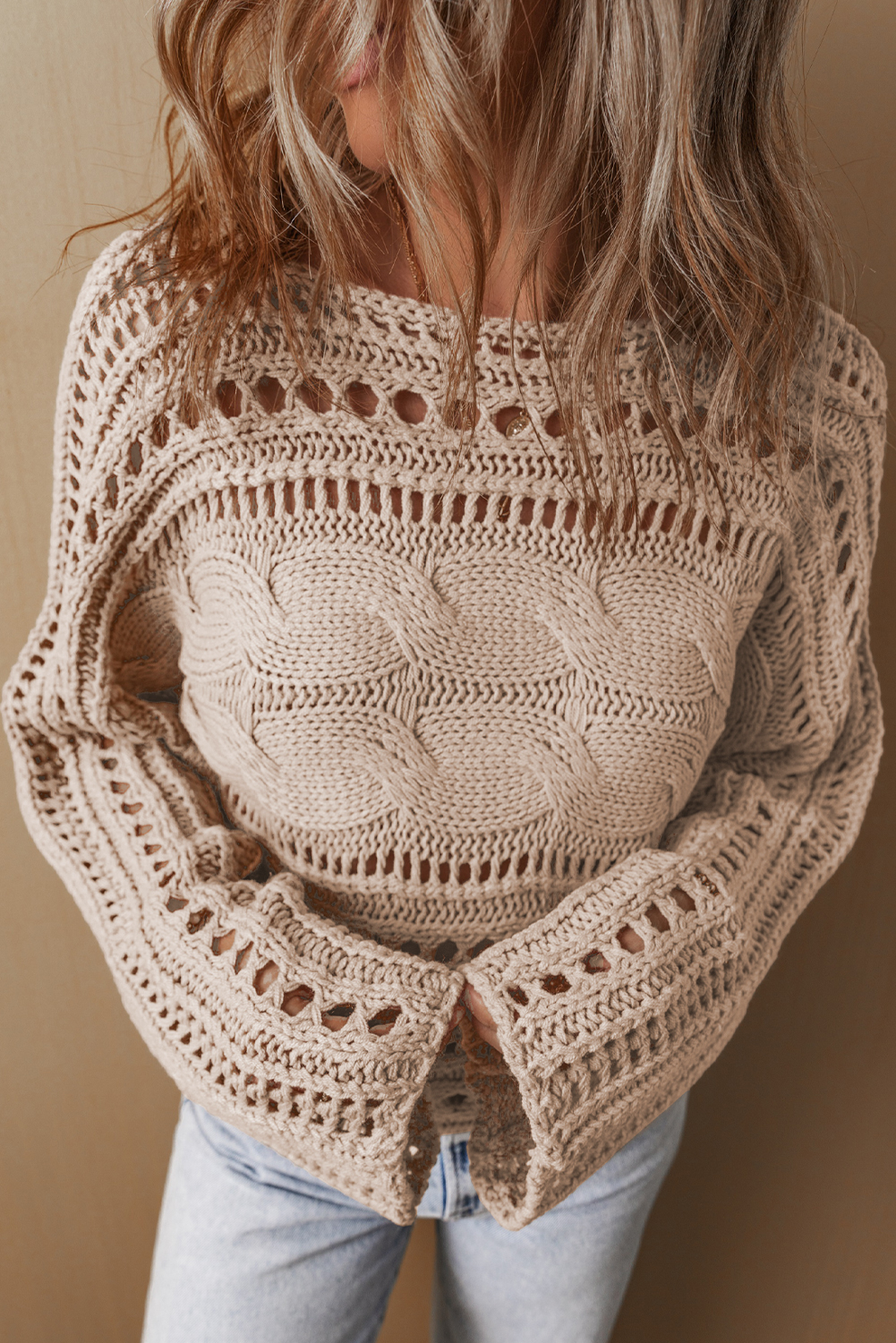 Trendy Cropped Sweater: Smoke Gray Cable Knit with Cut-Out Detail - Detail View 7 Trendy Cropped Sweater: Smoke Gray Cable Knit with Cut-Out Detail - Detail View 7