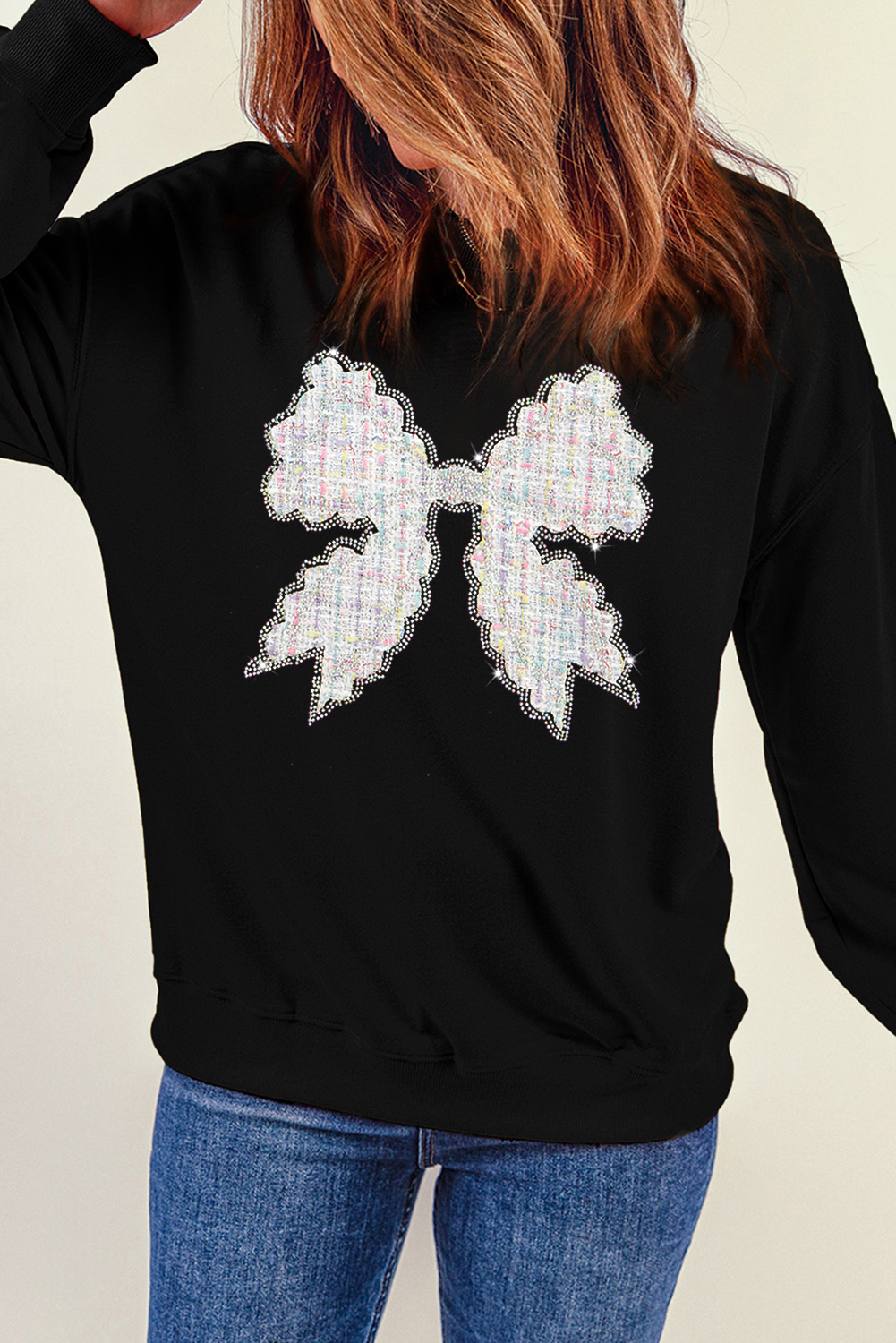 Chic and Cozy Black Sweatshirt with Rhinestone Decor for Casual Occasions - Detail View 7 Chic and Cozy Black Sweatshirt with Rhinestone Decor for Casual Occasions - Detail View 7