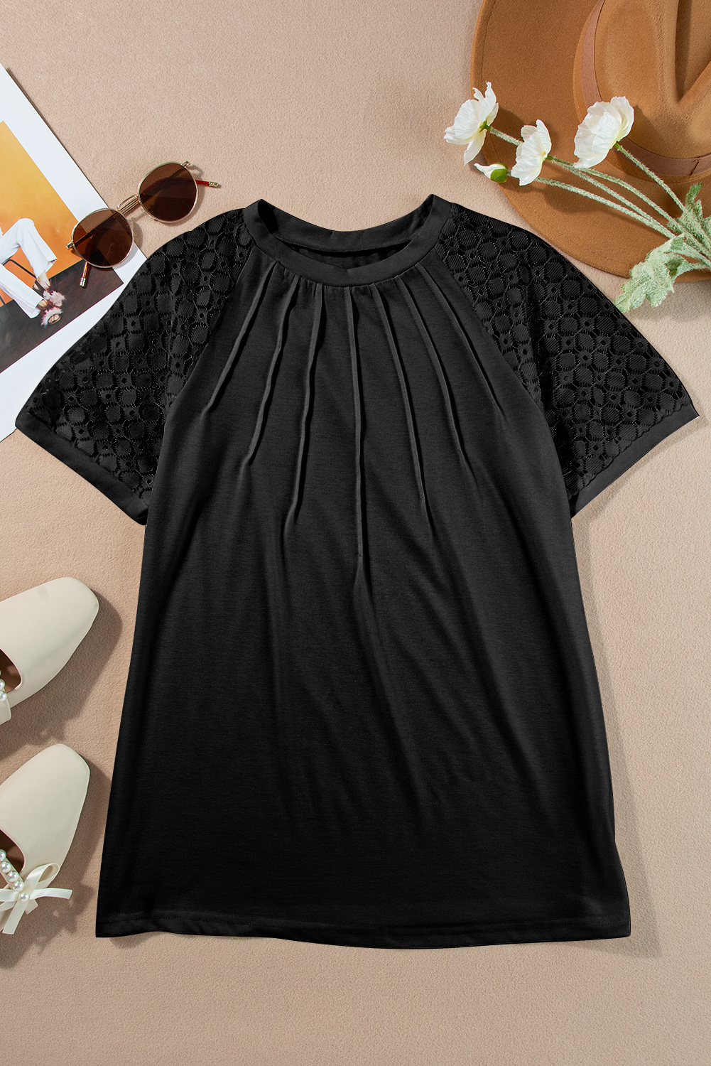 Casual Black Pleated Blouse, Short Sleeve Lace Detail Shirt - Detail View 11 Casual Black Pleated Blouse, Short Sleeve Lace Detail Shirt - Detail View 11