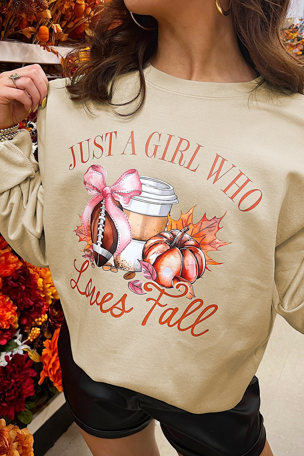 Women's Sweatshirt, Parchment Color, Graphic Sweatshirt, Just a Girl Who Loves Fall, Pumpkin Print, Long Sleeve, Casual Style, Thanksgiving Apparel, Autumn Theme, Cozy Wear, Oversized Fit, Daily Wear, Slogan Print, Comfortable Material, 50% Polyester, 50% Cotton - Detail View 4 Women's Sweatshirt, Parchment Color, Graphic Sweatshirt, Just a Girl Who Loves Fall, Pumpkin Print, Long Sleeve, Casual Style, Thanksgiving Apparel, Autumn Theme, Cozy Wear, Oversized Fit, Daily Wear, Slogan Print, Comfortable Material, 50% Polyester, 50% Cotton - Detail View 4