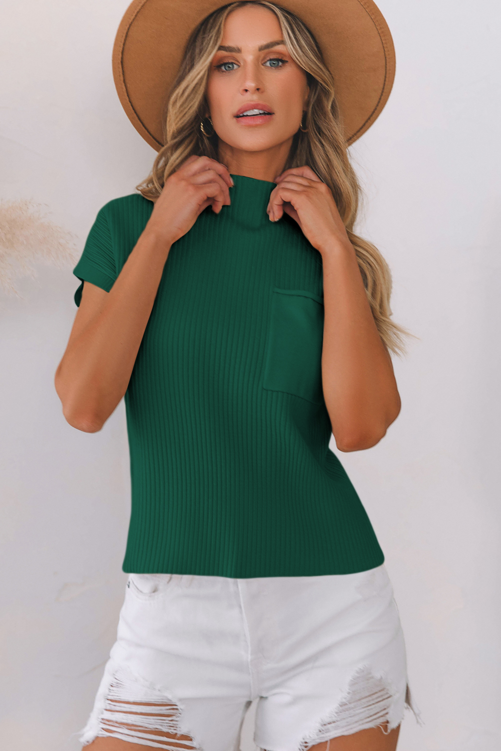 Short Sleeve Ribbed Sweater, Trendy High Neck Daily Pullover - Detail View 15 Short Sleeve Ribbed Sweater, Trendy High Neck Daily Pullover - Detail View 15