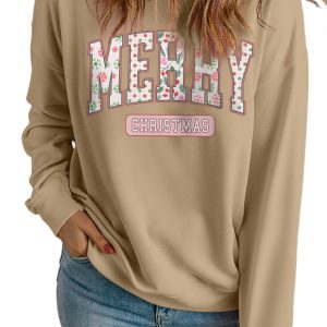 Women's Khaki MERRY CHRISTMAS Graphic Sweatshirt - Cozy Holiday Wear - Main View