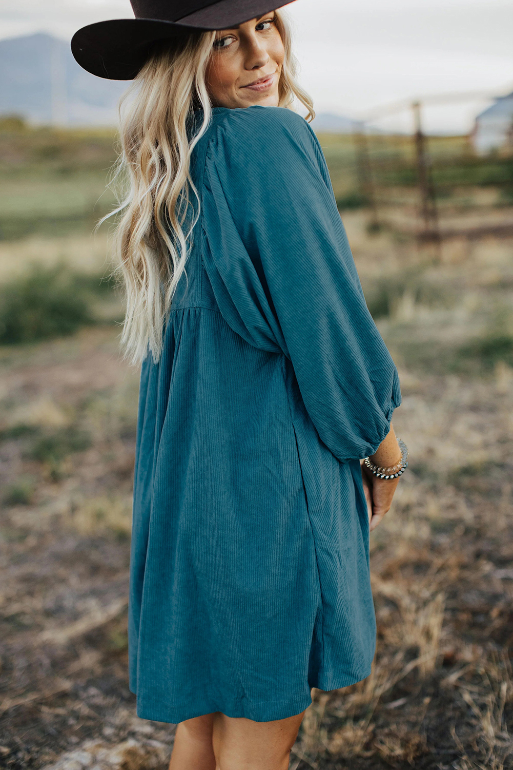 Stylish Bracelet Sleeve Dress: Blue Corduroy, Empire Waist - Detail View 2 Stylish Bracelet Sleeve Dress: Blue Corduroy, Empire Waist - Detail View 2