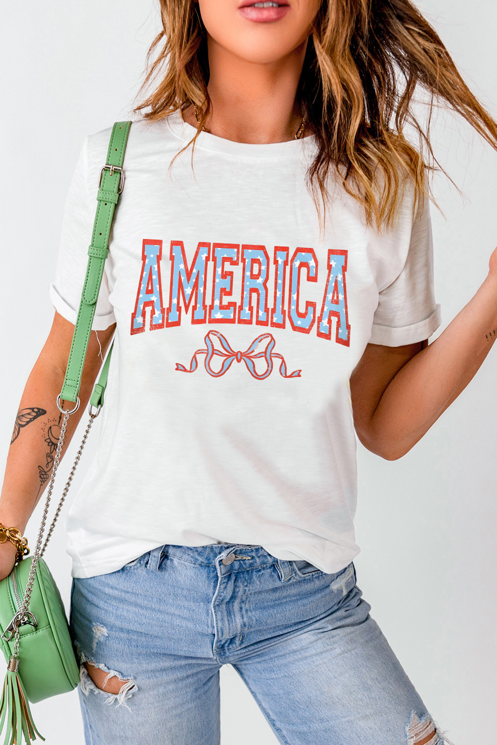 Patriotic Casual Tee with Bow Knot Print and Crew Neck - White - Detail View 7 Patriotic Casual Tee with Bow Knot Print and Crew Neck - White - Detail View 7