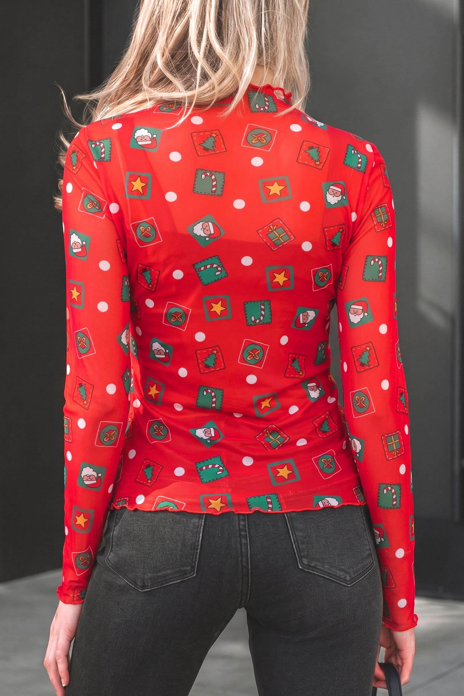 Women's Red Printed Top, Holiday Sheer Mesh Tee - Detail View 2 Women's Red Printed Top, Holiday Sheer Mesh Tee - Detail View 2