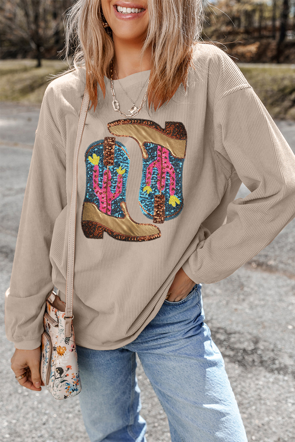 Wild West Inspired Graphic Sweatshirt - Smoke Gray Corded Fabric - Detail View 2 Wild West Inspired Graphic Sweatshirt - Smoke Gray Corded Fabric - Detail View 2