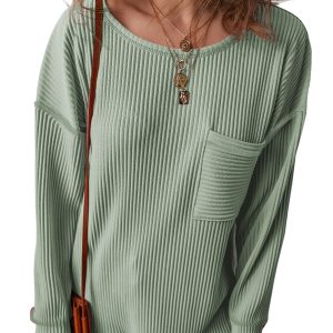 Women's Clearly Aqua Solid Color Corded Drop Shoulder Long Sleeve Top - Main View