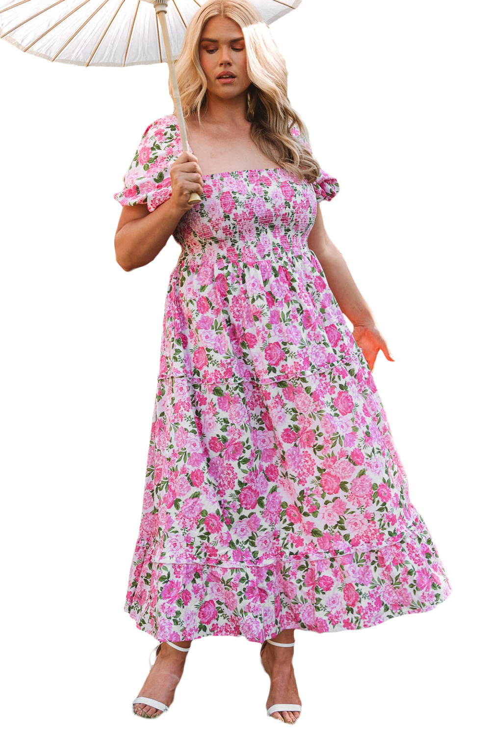 Women's Elegant Pink Plus Size Floral Print Smocked Puff Sleeve Maxi Dress - Main View Women's Elegant Pink Plus Size Floral Print Smocked Puff Sleeve Maxi Dress - Main View