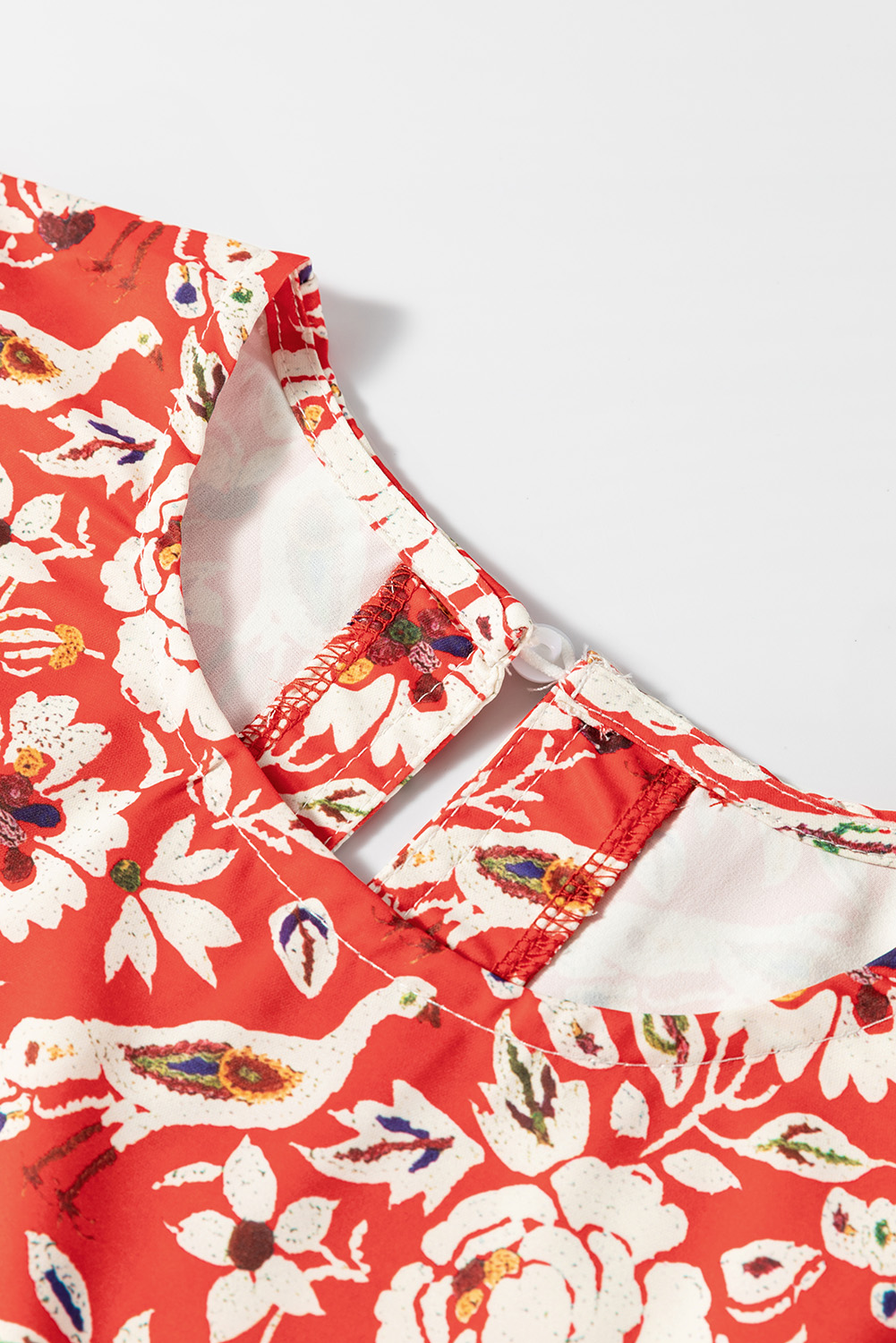 Women's Dress, Red Dress, Floral Patchwork, Long Sleeve, Pleated Mini Dress, Bohemian Style, Elegant Design, Casual Chic, Spring Fashion, Crew Neck, A-Line Silhouette, Vacation Wear, Daily Style, Short Dress, Stylish Dress - Detail View 8 Women's Dress, Red Dress, Floral Patchwork, Long Sleeve, Pleated Mini Dress, Bohemian Style, Elegant Design, Casual Chic, Spring Fashion, Crew Neck, A-Line Silhouette, Vacation Wear, Daily Style, Short Dress, Stylish Dress - Detail View 8