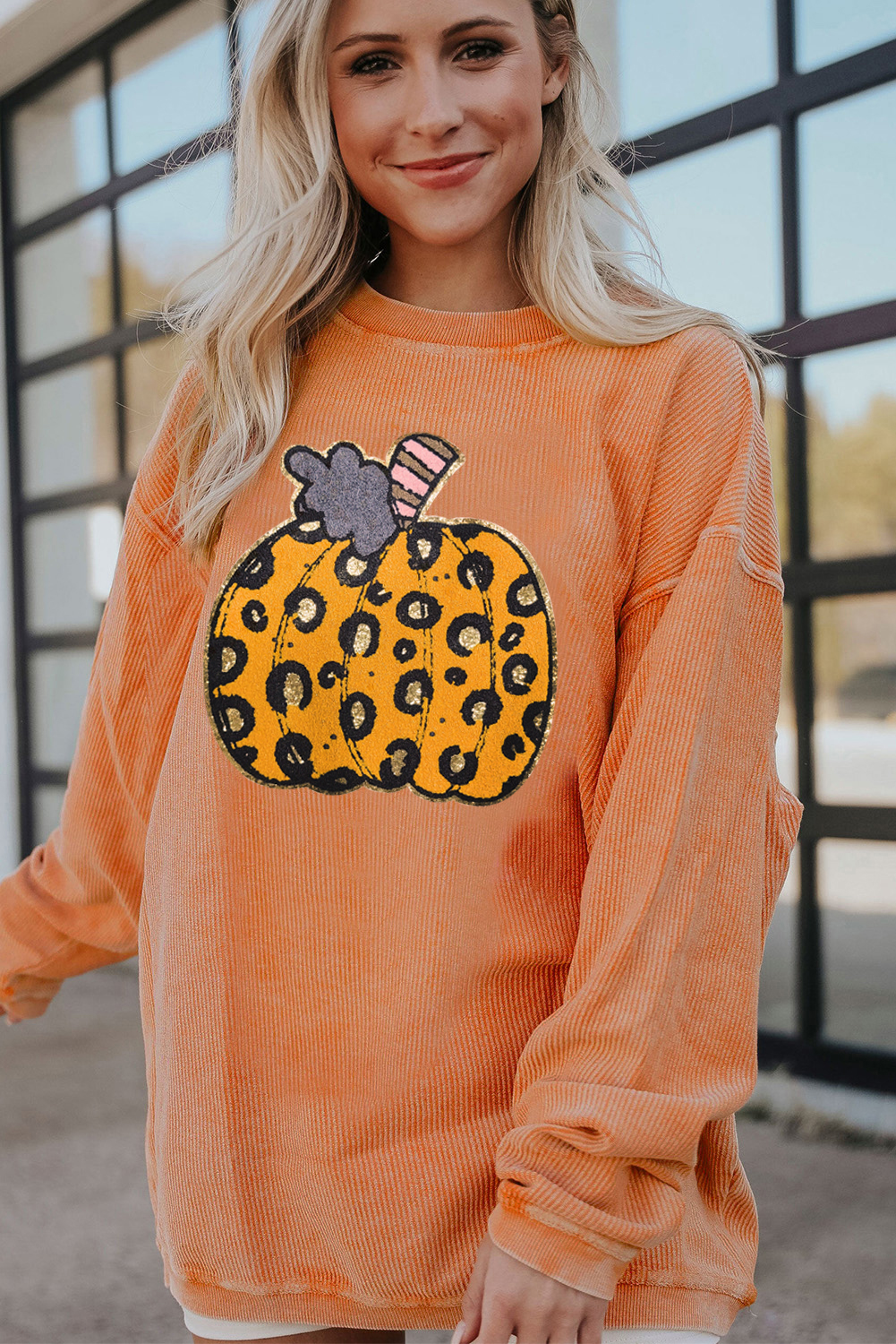 Women's Orange Leopard Pumpkin Patchwork Ribbed Sweatshirt - Detail View 6 Women's Orange Leopard Pumpkin Patchwork Ribbed Sweatshirt - Detail View 6