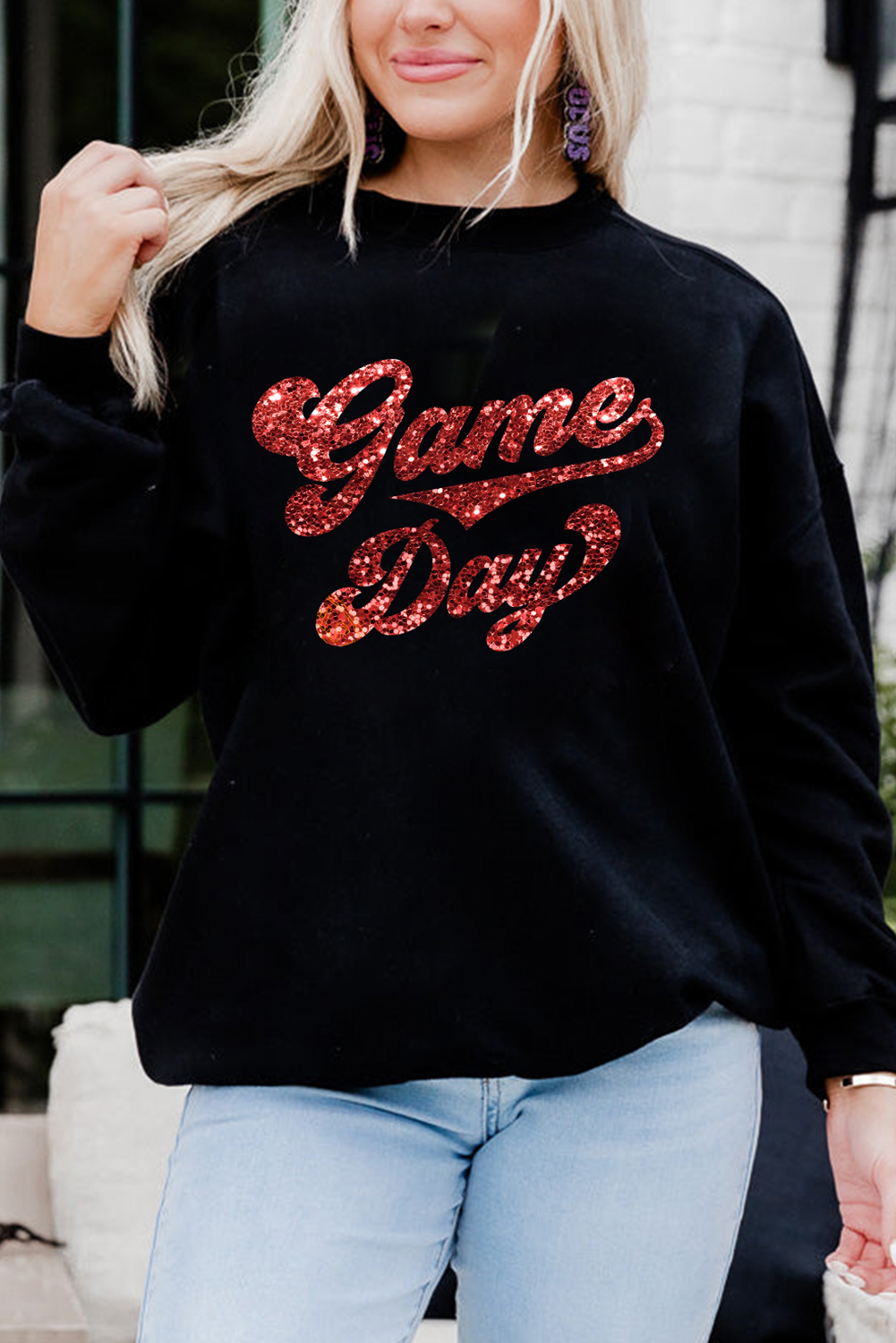 Trendy Black Graphic Sweatshirt with Dropped Sleeves - Perfect for Game Day - Detail View 2 Trendy Black Graphic Sweatshirt with Dropped Sleeves - Perfect for Game Day - Detail View 2