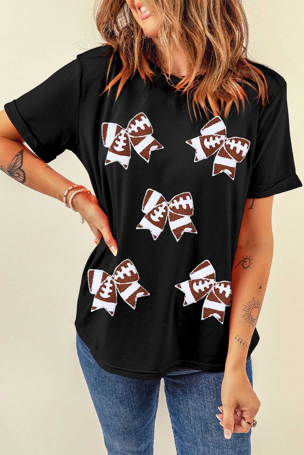 Feminine Football Fan Tee: Black Rugby Bowknot Graphic Tee - Detail View 7 Feminine Football Fan Tee: Black Rugby Bowknot Graphic Tee - Detail View 7