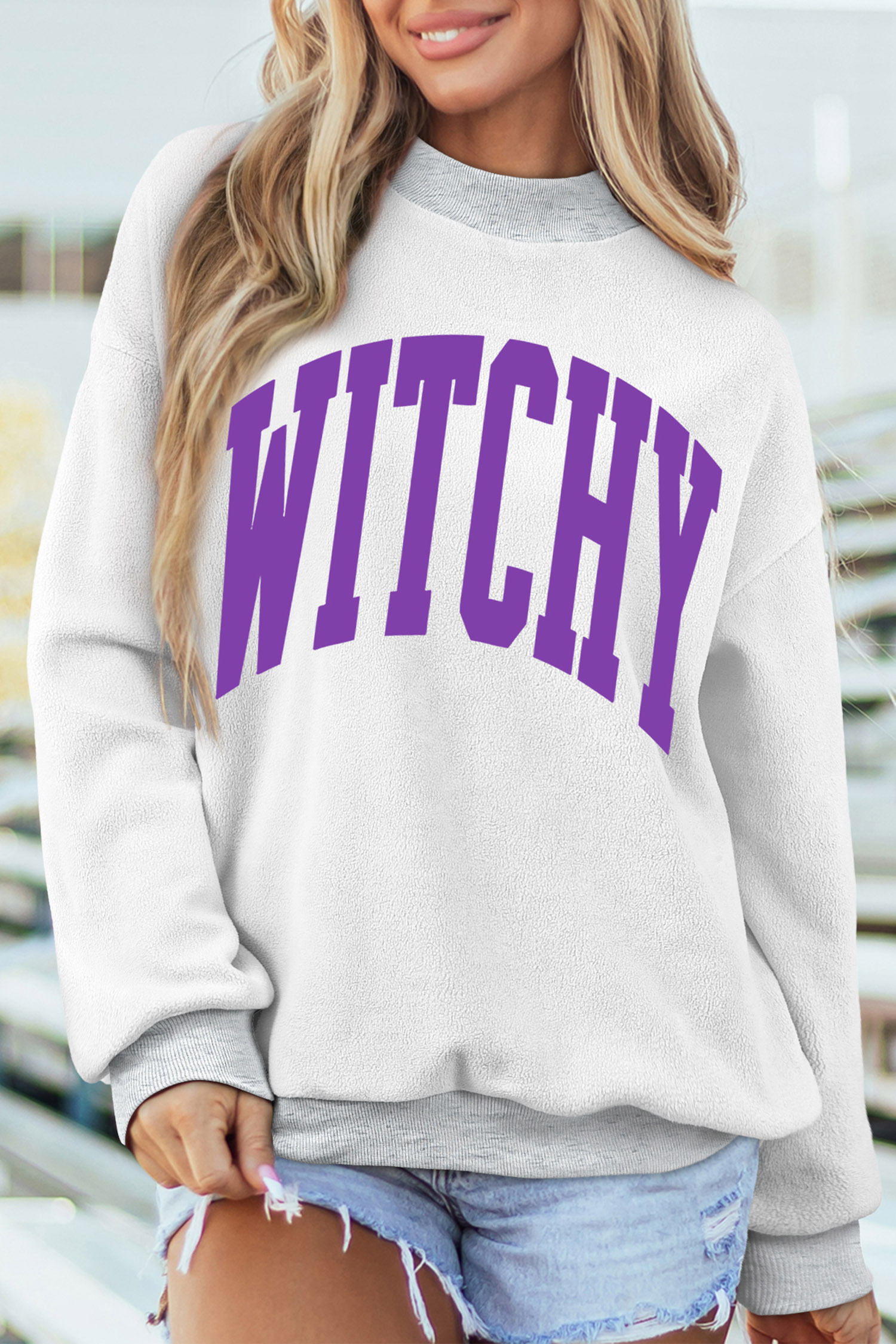 Witchy Graphic Mock Neck Sweatshirt, Light Grey Autumn Top - Detail View 8 Witchy Graphic Mock Neck Sweatshirt, Light Grey Autumn Top - Detail View 8