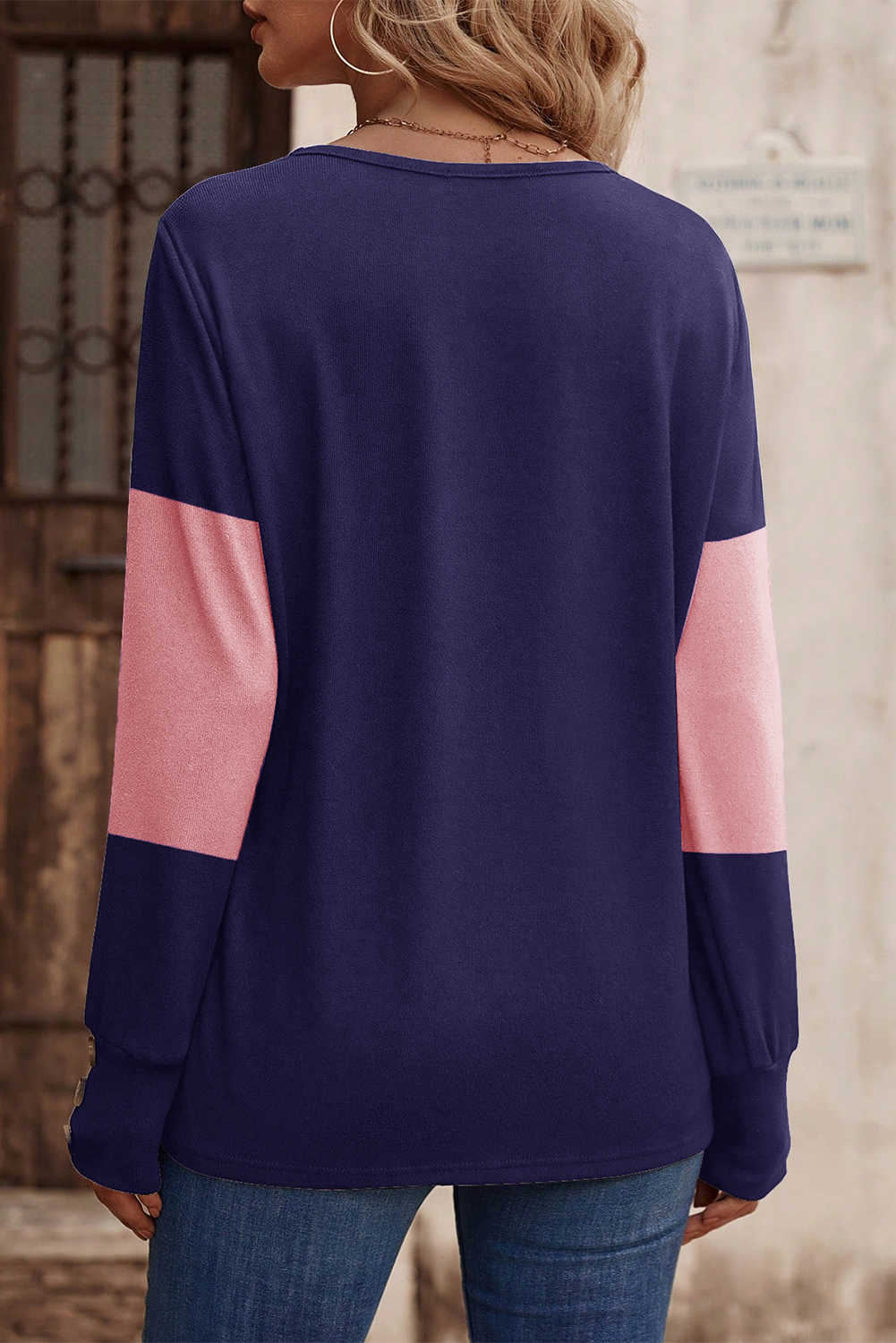 Stylish Long Sleeve Top: Blue Stripe Colorblock with Button Decor - Detail View 2 Stylish Long Sleeve Top: Blue Stripe Colorblock with Button Decor - Detail View 2