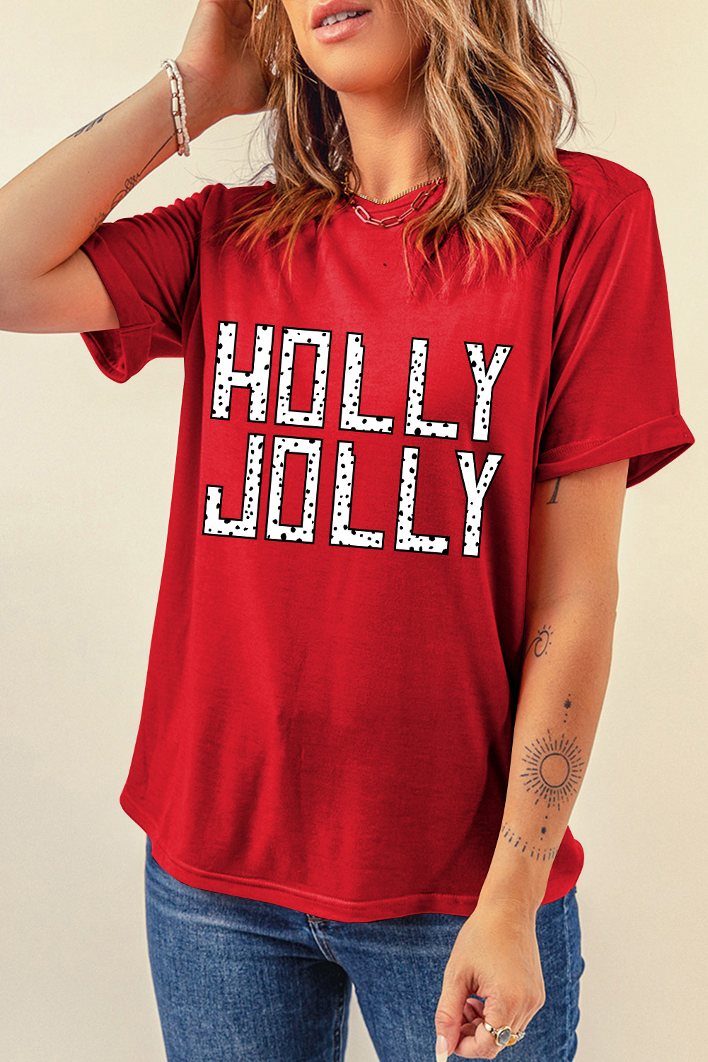 Women's T-Shirt, Red Graphic Tee, HOLLY JOLLY, Round Neck, Short Sleeve, Casual Style, Holiday Apparel, Christmas Wear, Comfortable Fit, Soft Fabric, Slogan Print, Trendy Design, Daily Wear, Tops, Graphic Tees - Detail View 4 Women's T-Shirt, Red Graphic Tee, HOLLY JOLLY, Round Neck, Short Sleeve, Casual Style, Holiday Apparel, Christmas Wear, Comfortable Fit, Soft Fabric, Slogan Print, Trendy Design, Daily Wear, Tops, Graphic Tees - Detail View 4