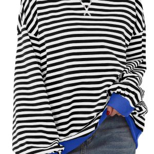 Women's Black Stripe Oversized Pullover Sweatshirt with Contrast Trim - Main View