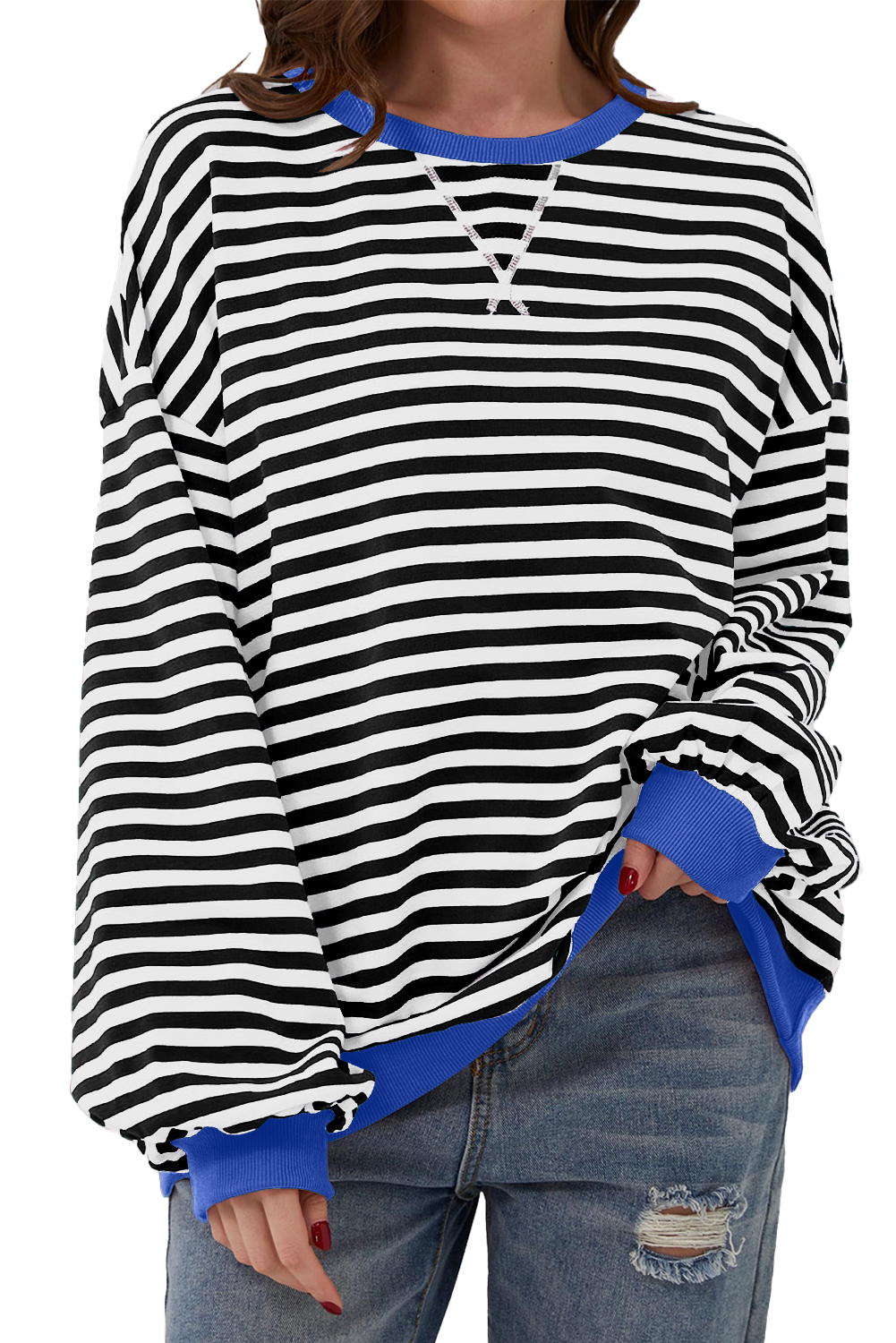 Women's Black Stripe Oversized Pullover Sweatshirt with Contrast Trim - Main View Women's Black Stripe Oversized Pullover Sweatshirt with Contrast Trim - Main View