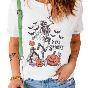 Women's White Skull Pumpkin Face STAY SPOOKY Halloween Graphic Tee - Main View