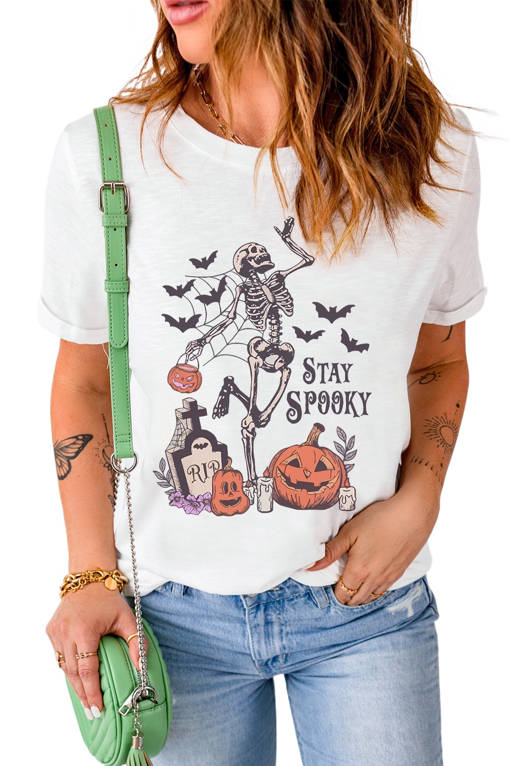 Women's White Skull Pumpkin Face STAY SPOOKY Halloween Graphic Tee - Main View Women's White Skull Pumpkin Face STAY SPOOKY Halloween Graphic Tee - Main View