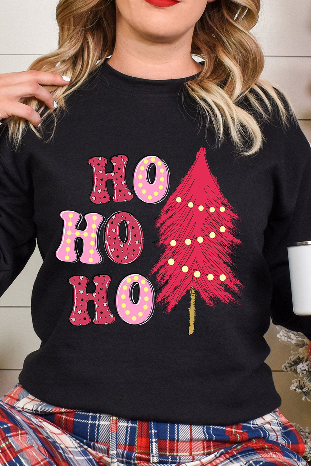 Cozy and Festive Black Sweatshirt with HO HO HO Christmas Tree Print - Detail View 2 Cozy and Festive Black Sweatshirt with HO HO HO Christmas Tree Print - Detail View 2