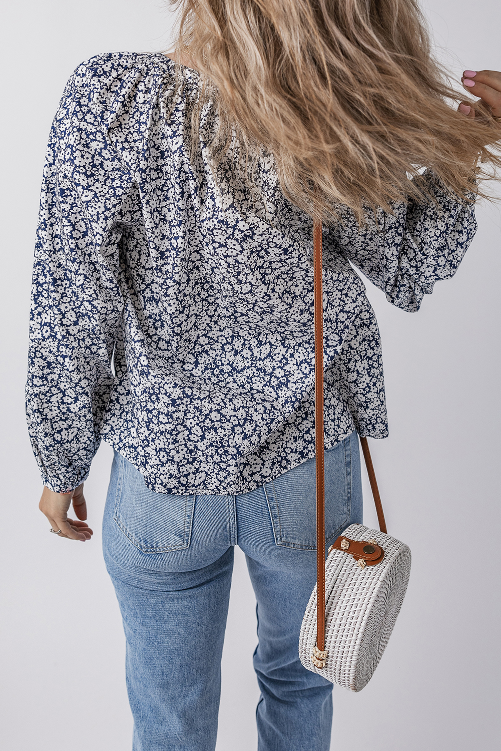 Chic Floral Blouse for Women - Blue V Neck with Puff Sleeves - Detail View 2 Chic Floral Blouse for Women - Blue V Neck with Puff Sleeves - Detail View 2