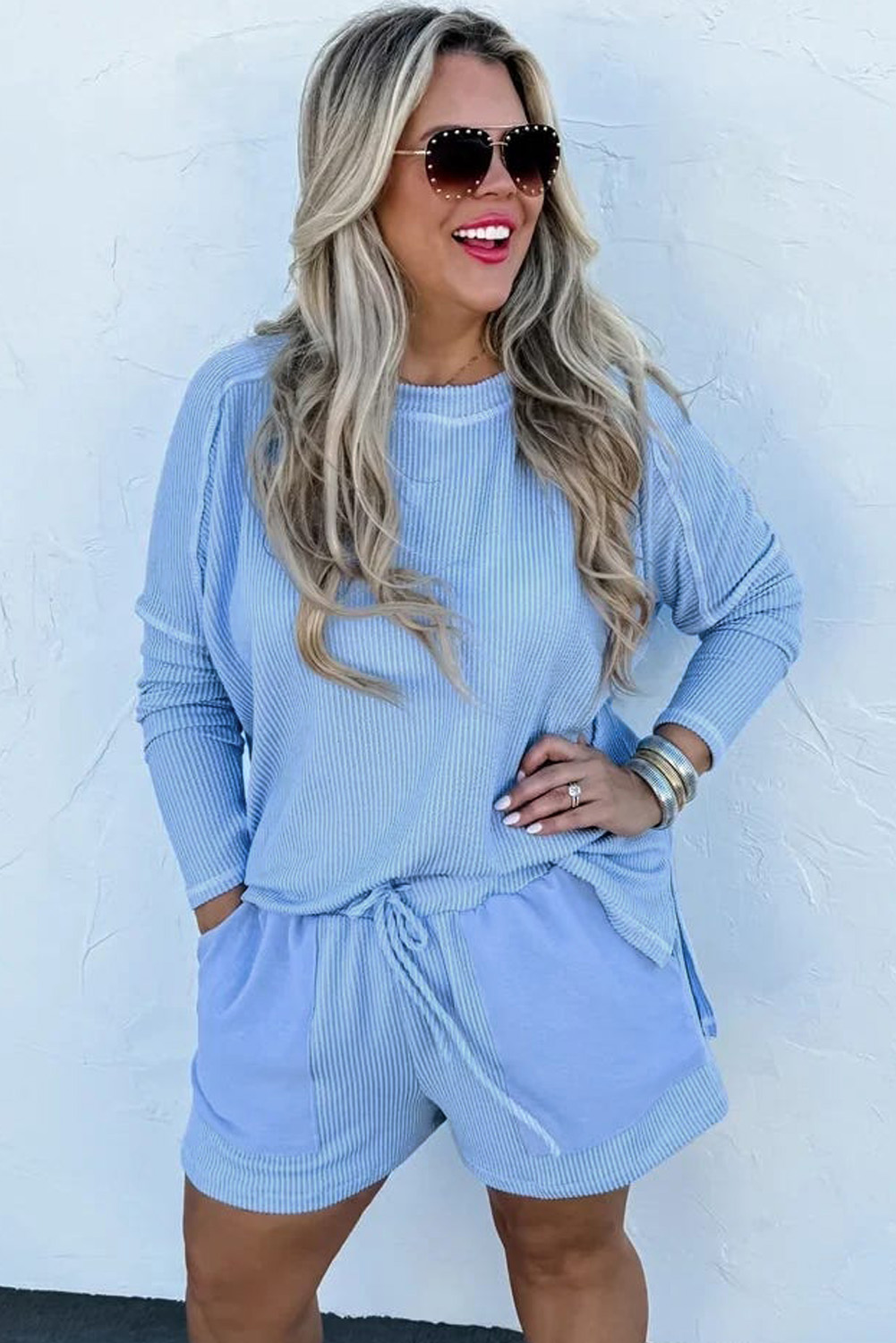 Casual Comfort in a Two-Piece Set - Plus Size Light Blue Ribbed Long Sleeve Top and Shorts - Detail View 2 Casual Comfort in a Two-Piece Set - Plus Size Light Blue Ribbed Long Sleeve Top and Shorts - Detail View 2